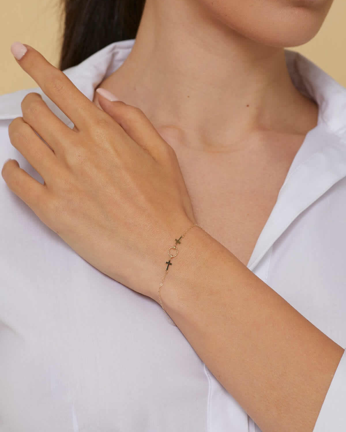 14K Äkta Guld Armband Dam – Kors Armband med Elegant Ringdetalj - Noxlookjewelry