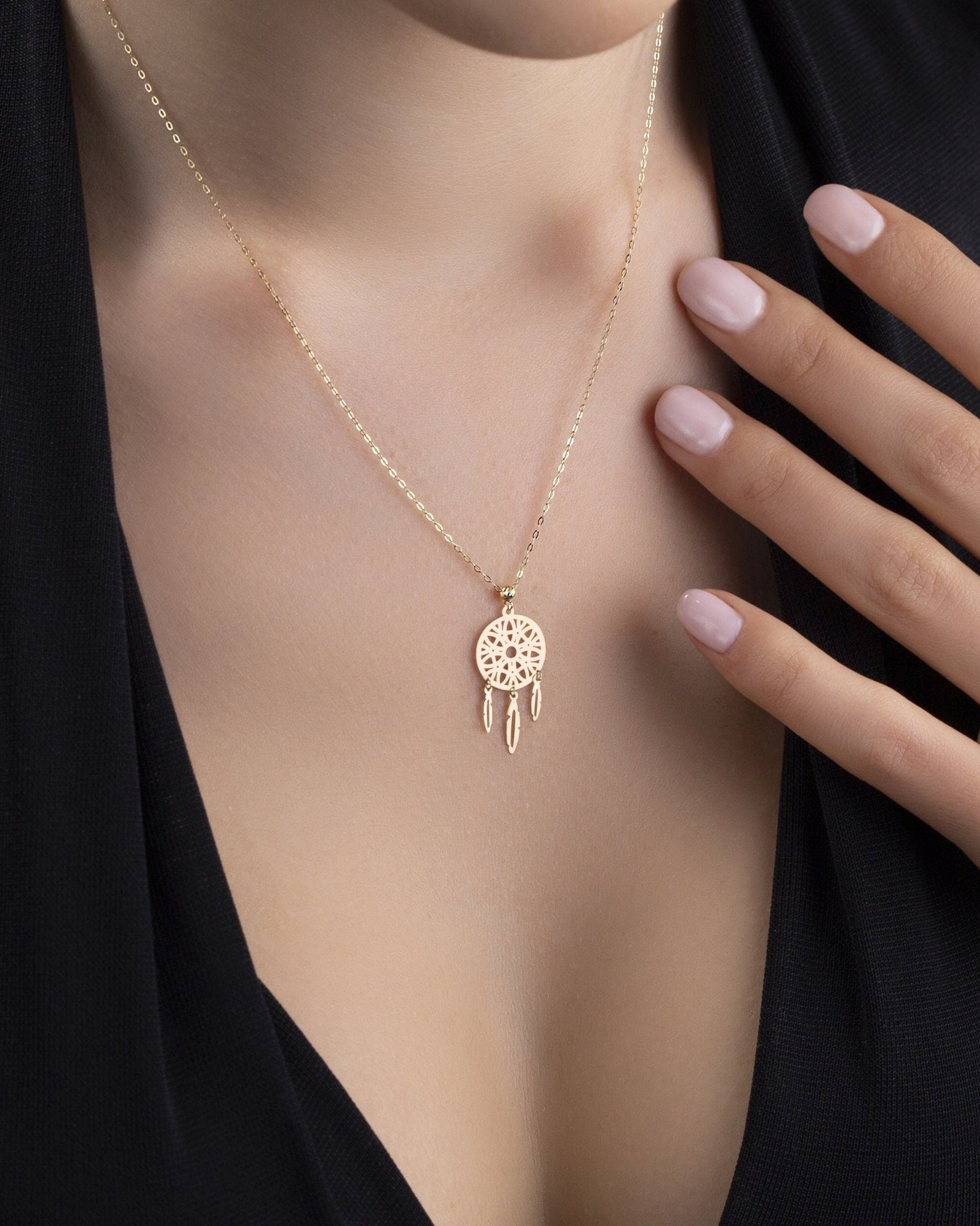 14K Äkta Guld Drömfångare Halsband Dam – Elegant Dreamcatcher Smycke i 585 Guld - Noxlookjewelry