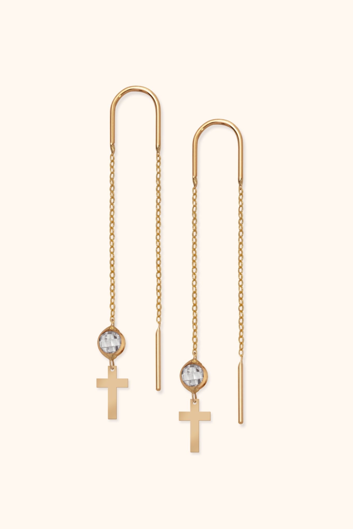 14K Äkta Guld Kors Örhängen – Hängande Kedjeörhängen med Kristall - Noxlookjewelry