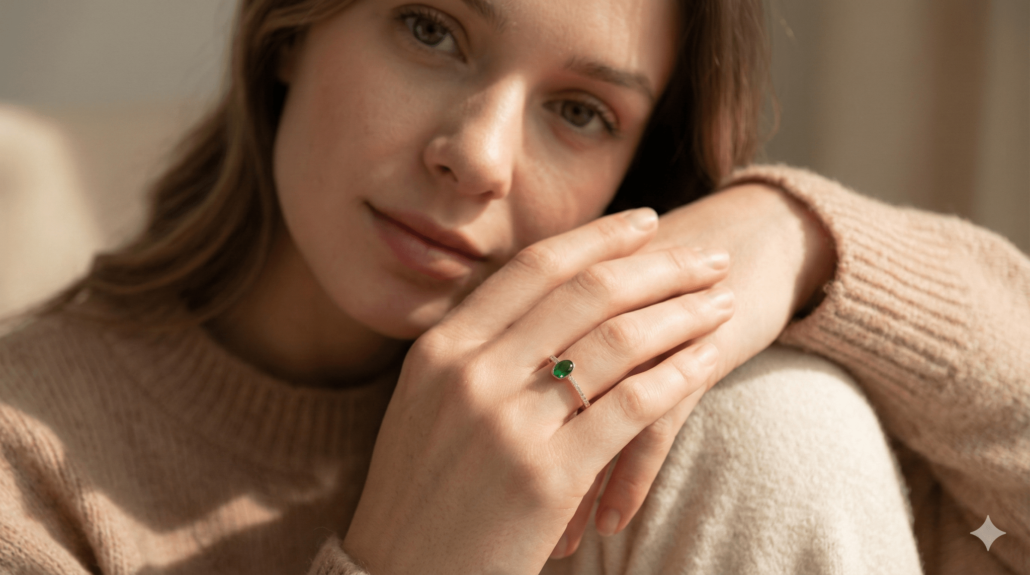 14K Äkta Guld Ring Dam med Grön Sten – Elegant Solitärring med Pavéband - Noxlookjewelry