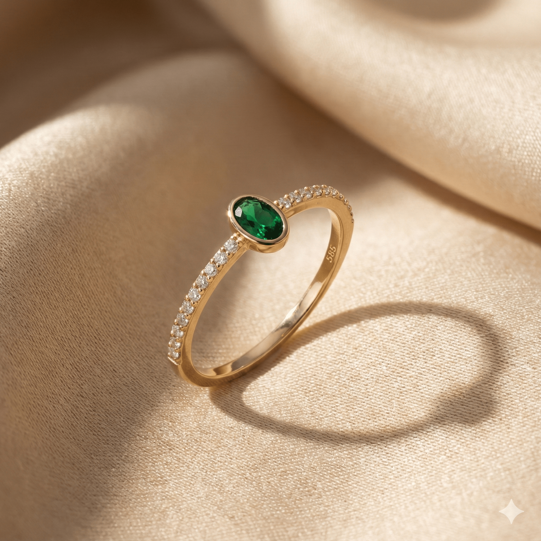 14K Äkta Guld Ring Dam med Grön Sten – Elegant Solitärring med Pavéband - Noxlookjewelry