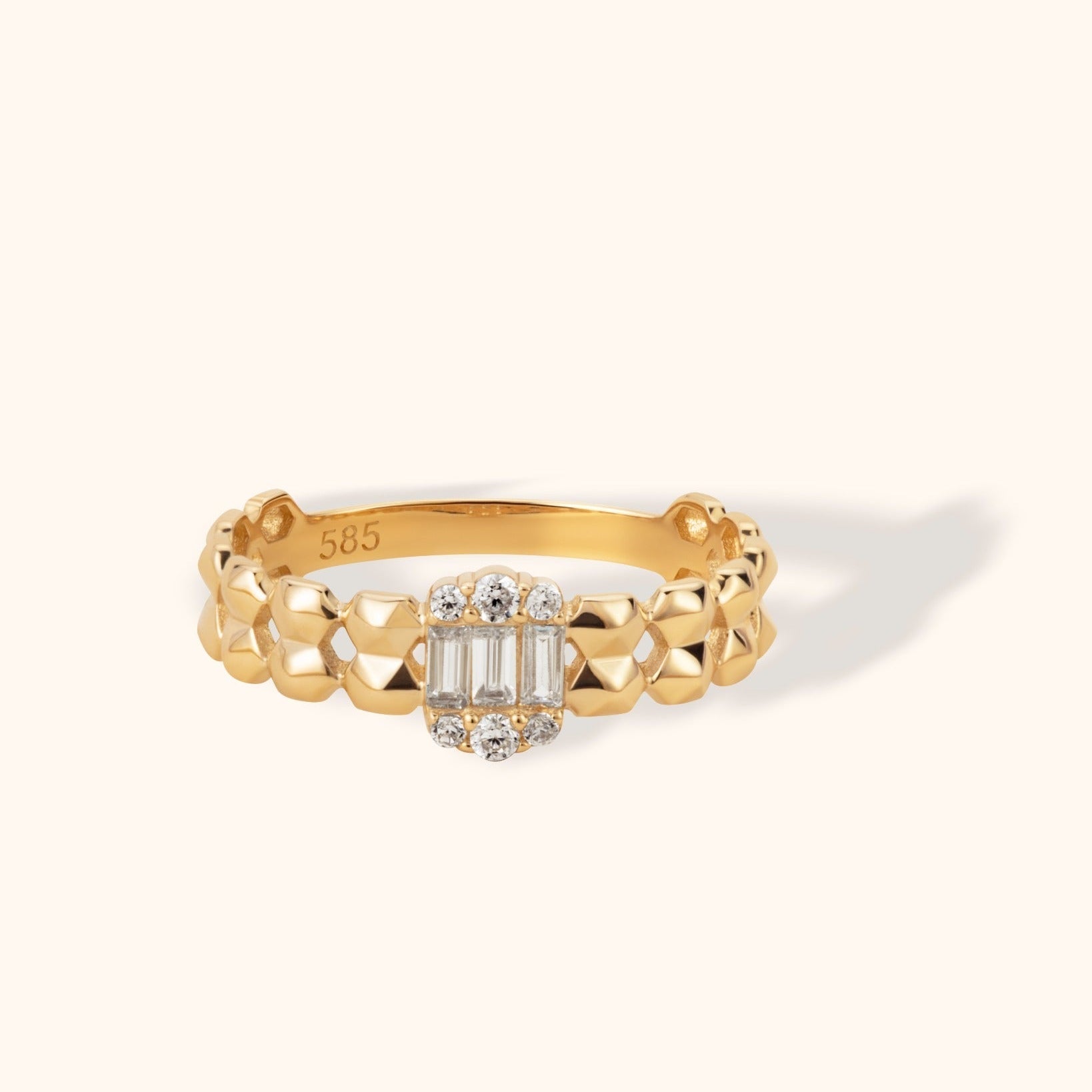 14K Guld Ring Dam med Baguette Sten – Elegant Kedjedesign Guldring - Noxlookjewelry