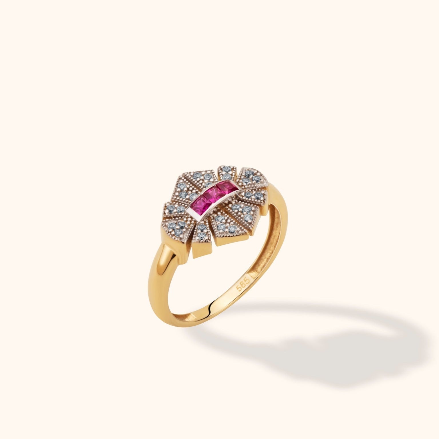 14K Guld Ring Dam med Röd Sten – Blad Design Guldring - Noxlookjewelry