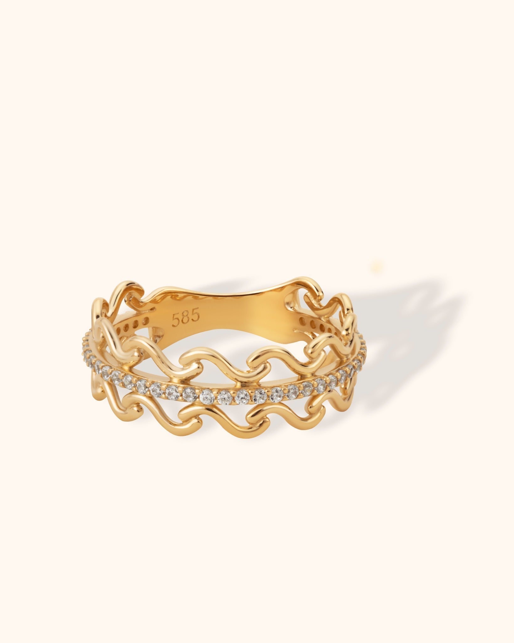 14K Guld Ring Dam med Stenar – Elegant Vågig Kedjedesign Guldring - Noxlookjewelry