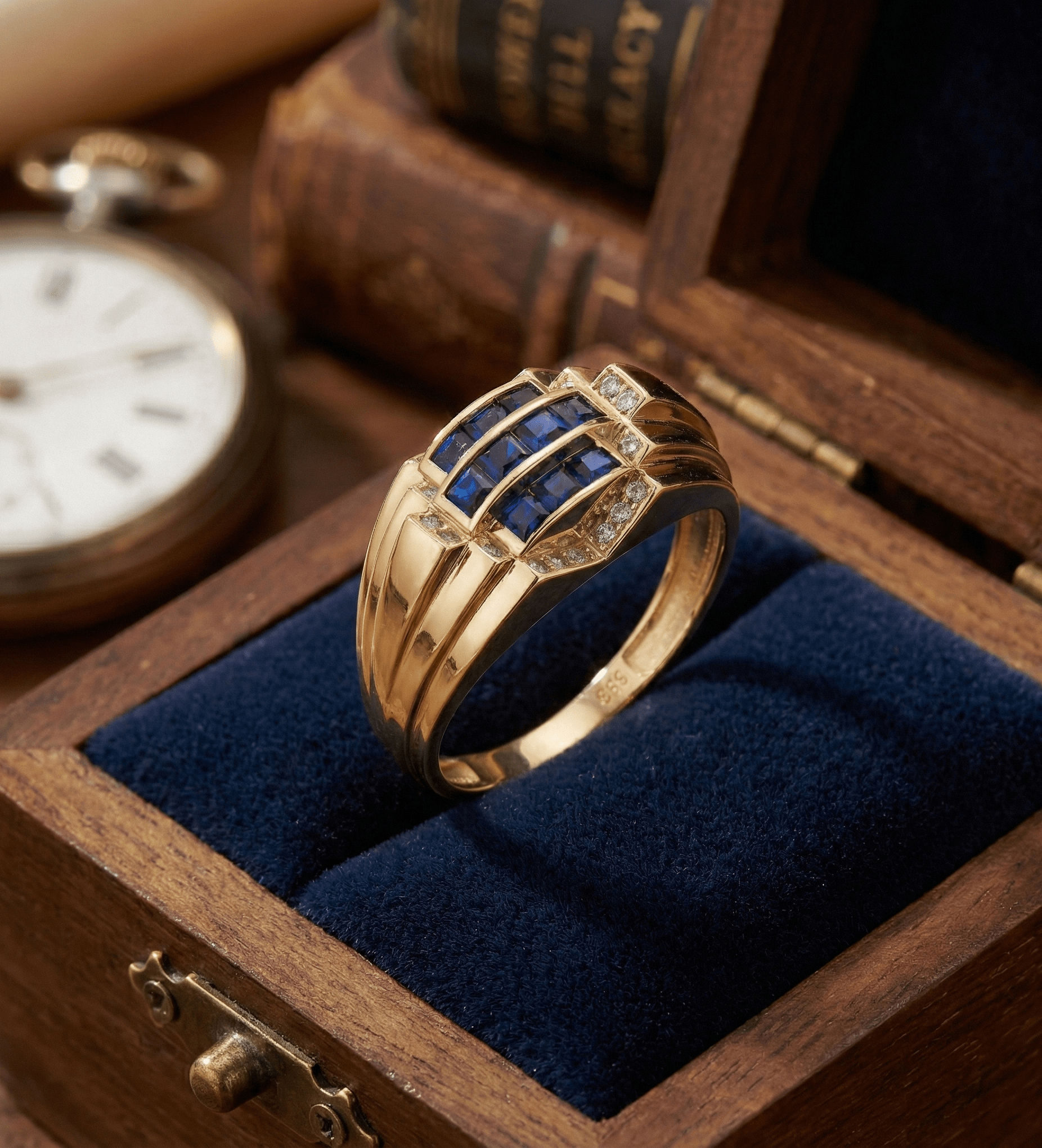 14K Guld Ring med Blå Stenar för Dam – Bred Designring med Gnistrande Detaljer - Noxlookjewelry