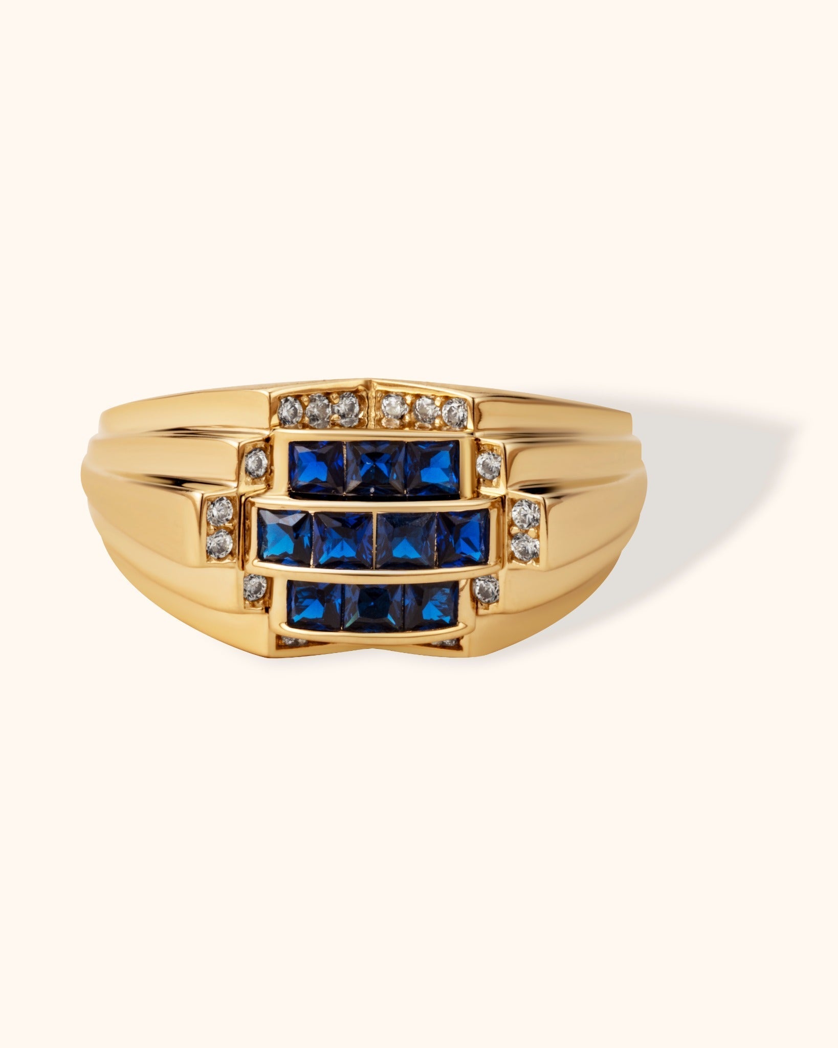 14K Guld Ring med Blå Stenar för Dam – Bred Designring med Gnistrande Detaljer - Noxlookjewelry