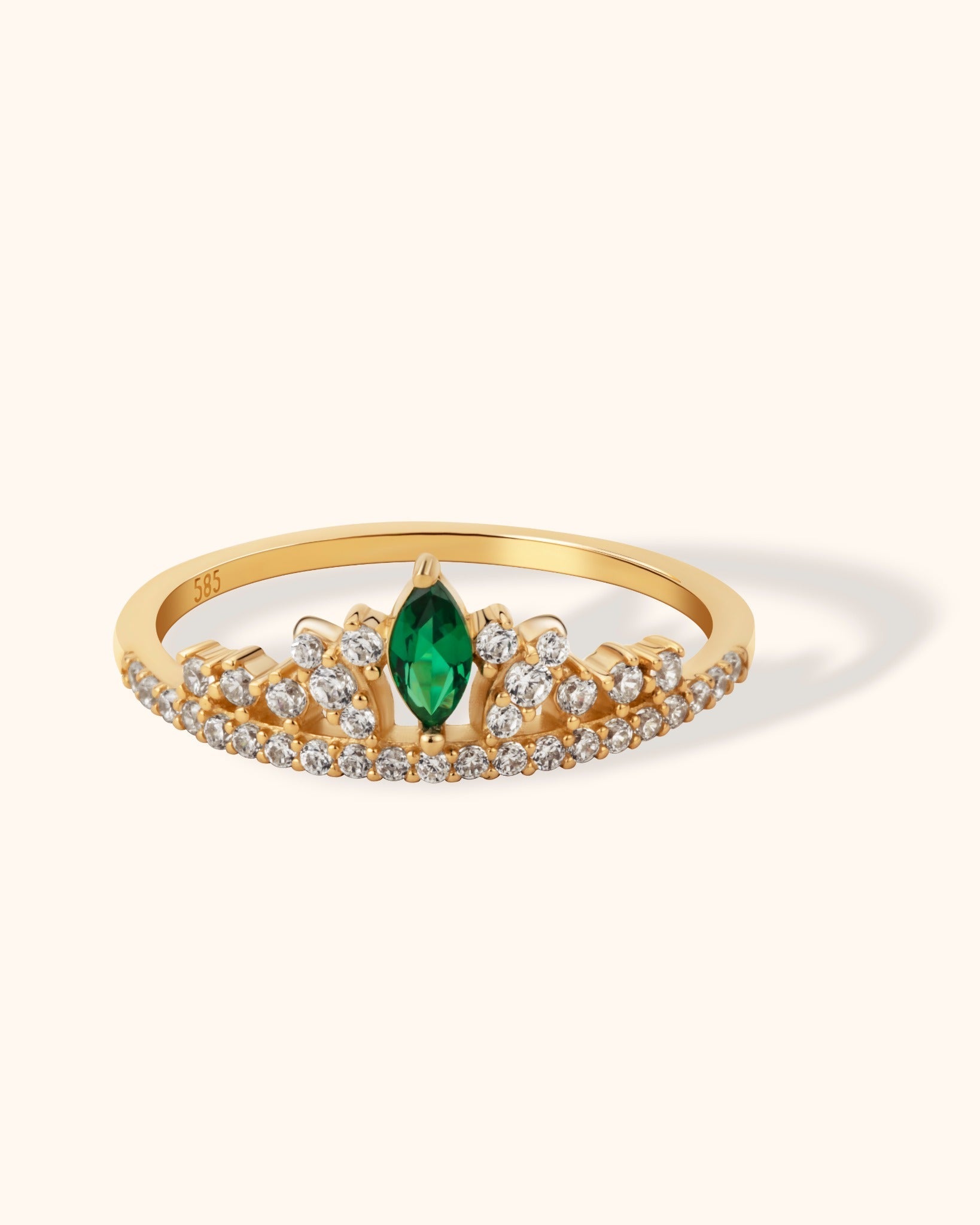 14K Guld Ring med Grön Sten för Dam – Elegant Tiararing med Gnistrande Stenar - Noxlookjewelry