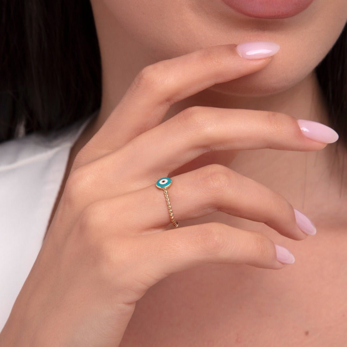 14K Guld Ring med Turkost Öga för Dam – Elegant Guldring med Kulband - Noxlookjewelry