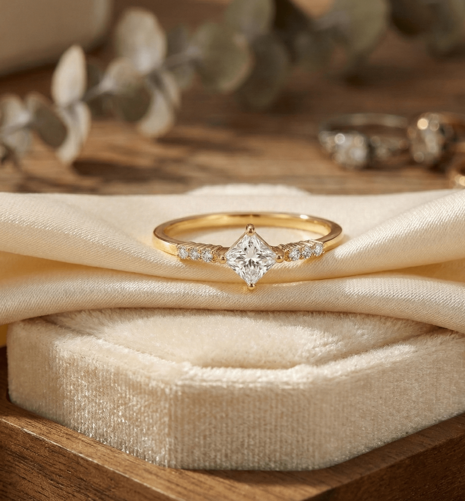 14K Guld Solitärring för Dam – Elegant Ring med Fyrkantig Mittsten - Noxlookjewelry