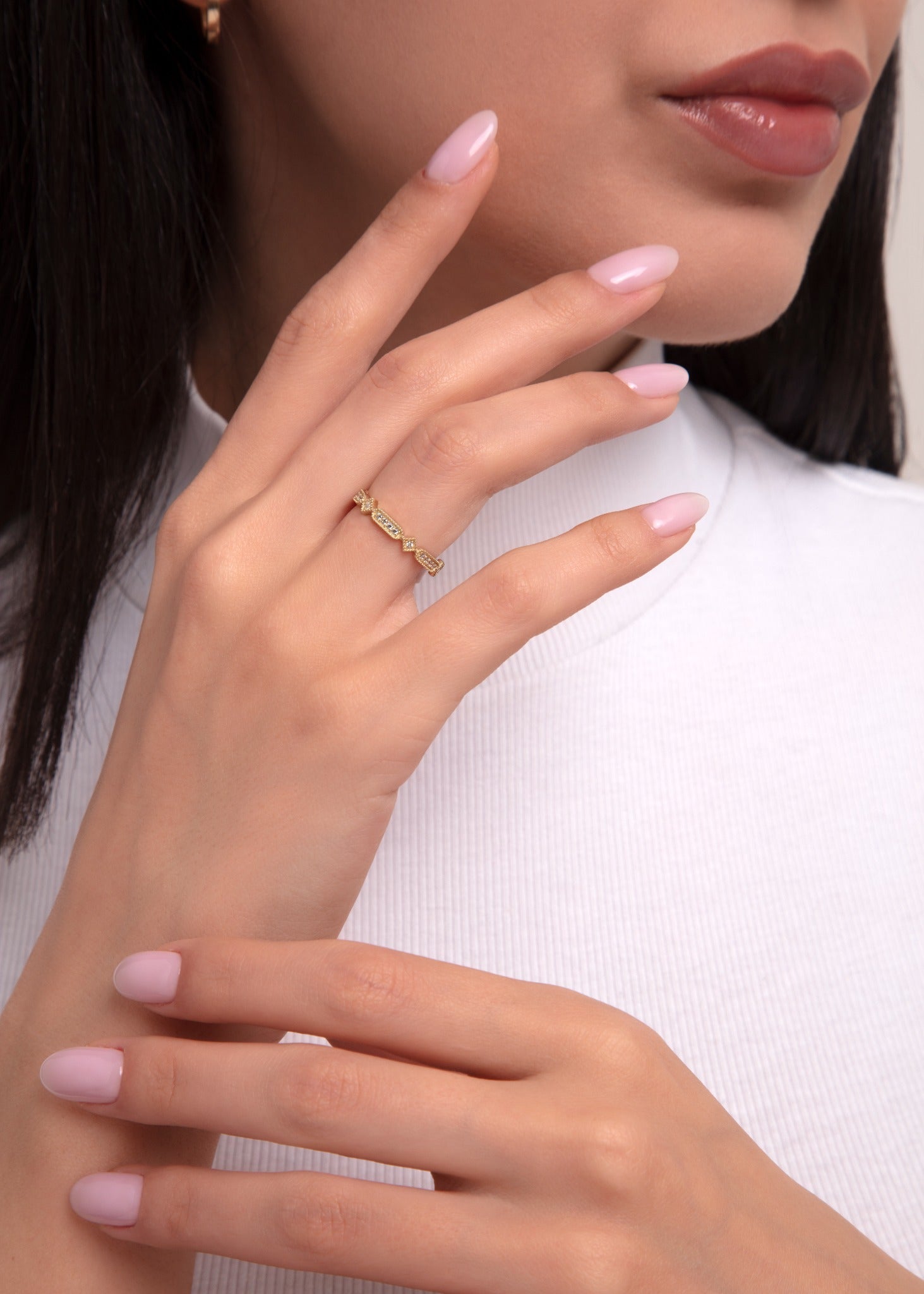 14K Guldring Dam – Art Deco Pavé Band i Äkta Guld - Noxlookjewelry