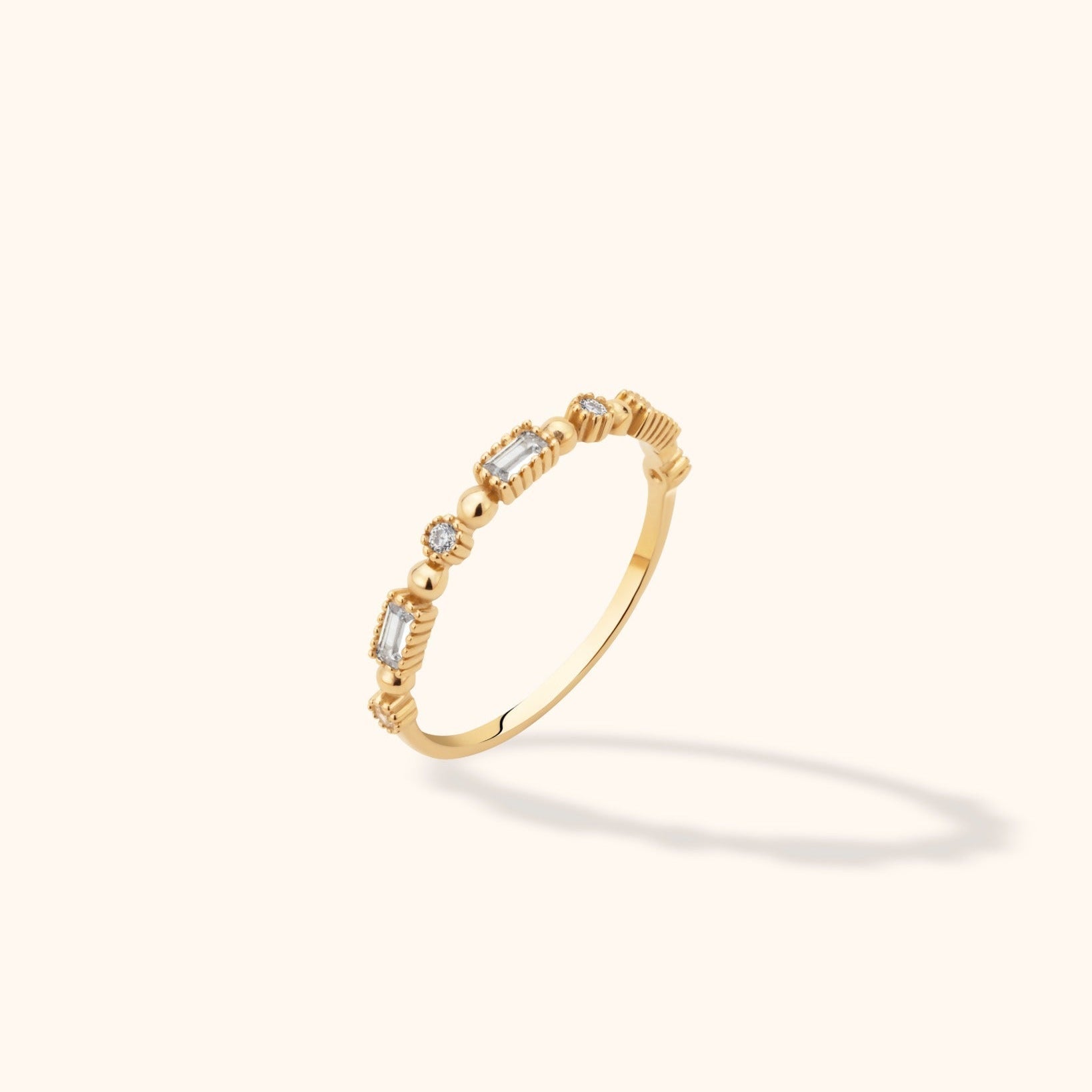 14K Guldring Dam – Elegant Tunn Ring med Baguette - och Rundslipade Stenar i Exklusiv Design - Noxlookjewelry