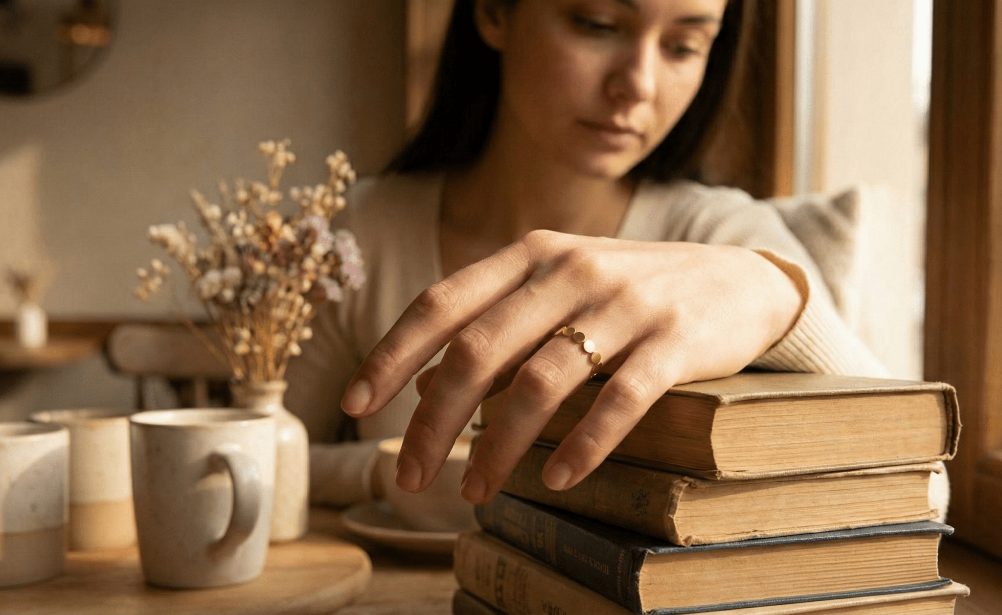14K Guldring Dam – Minimalistisk Pebble Band Ring i Äkta Guld - Noxlookjewelry