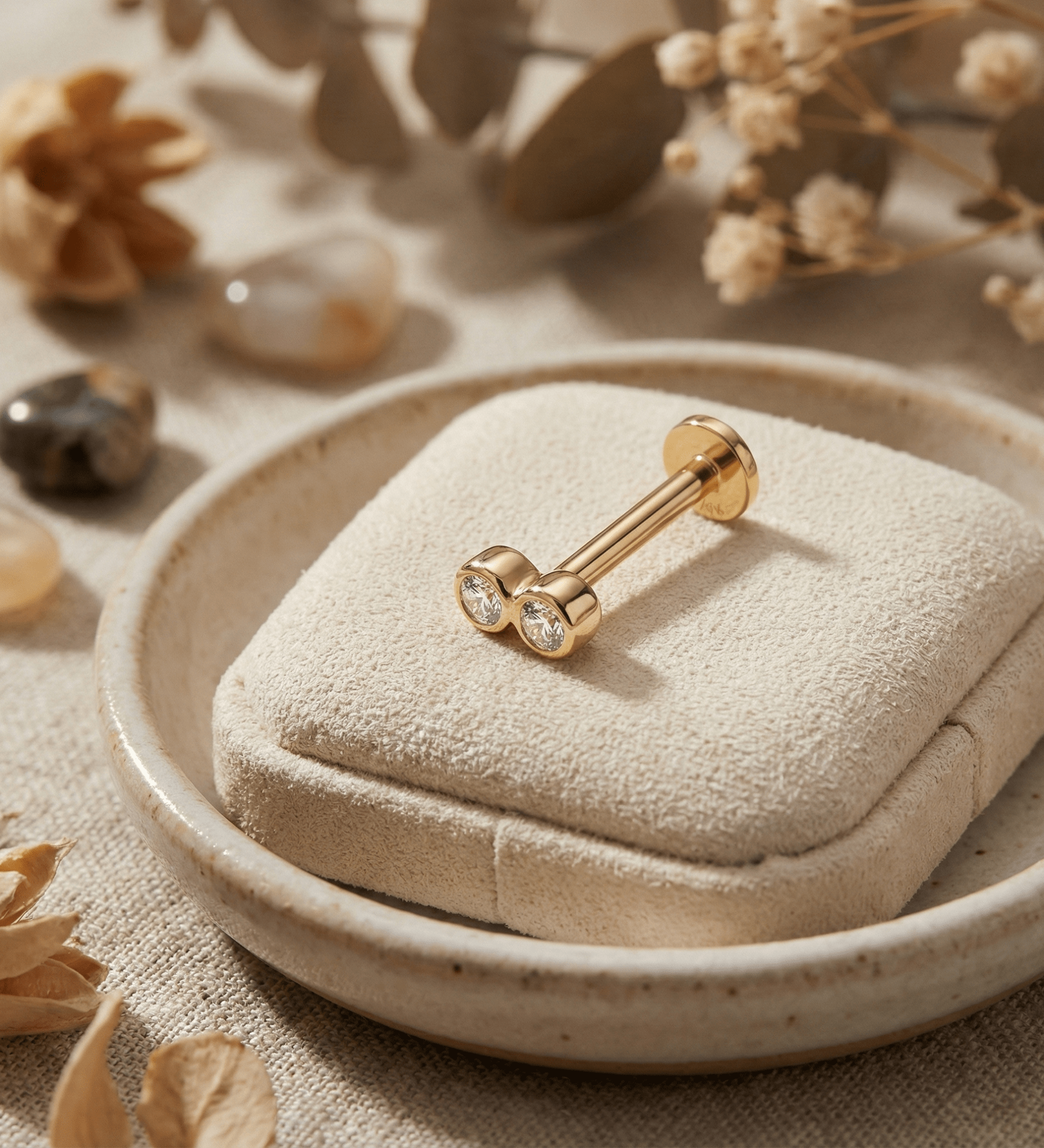 14K Tragus Örhänge Double Bezel Stud I Äkta Guld Minimal Cartilage - Noxlookjewelry