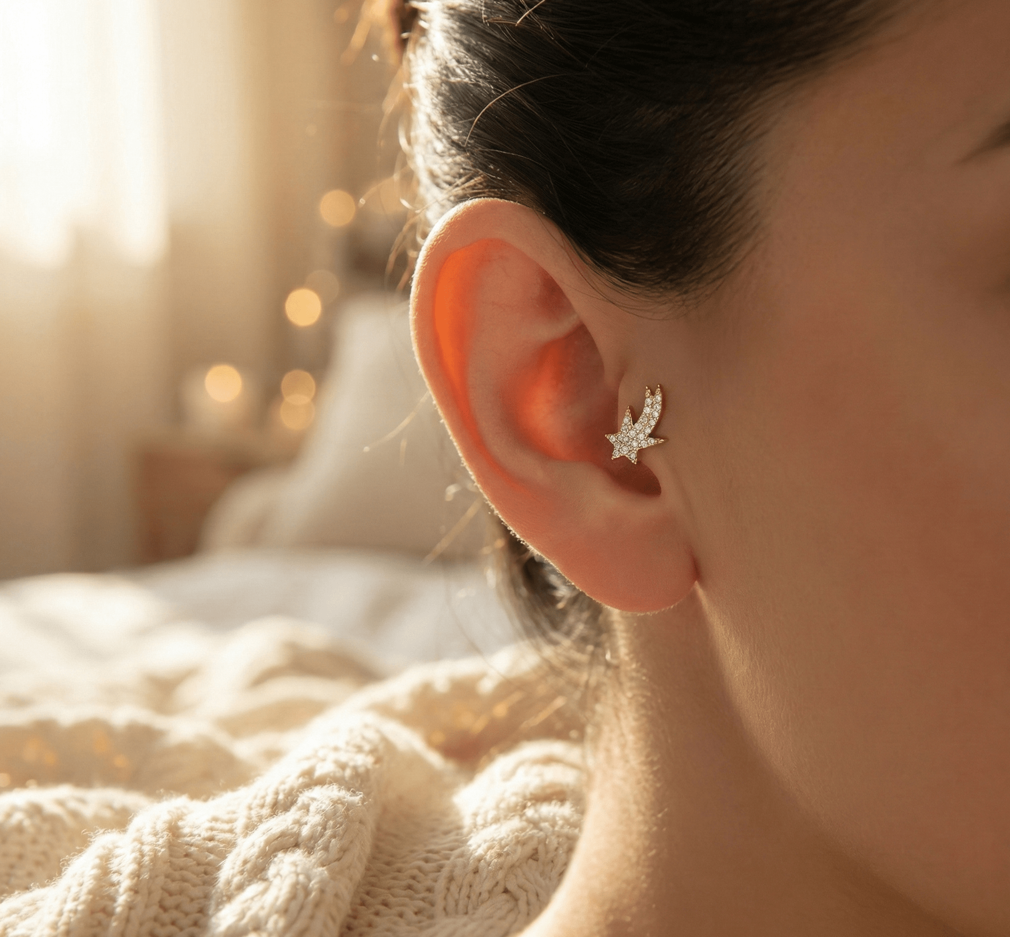 14K Tragusörhänge Stjärna I Äkta Guld Pavé Broskörhänge - Noxlookjewelry