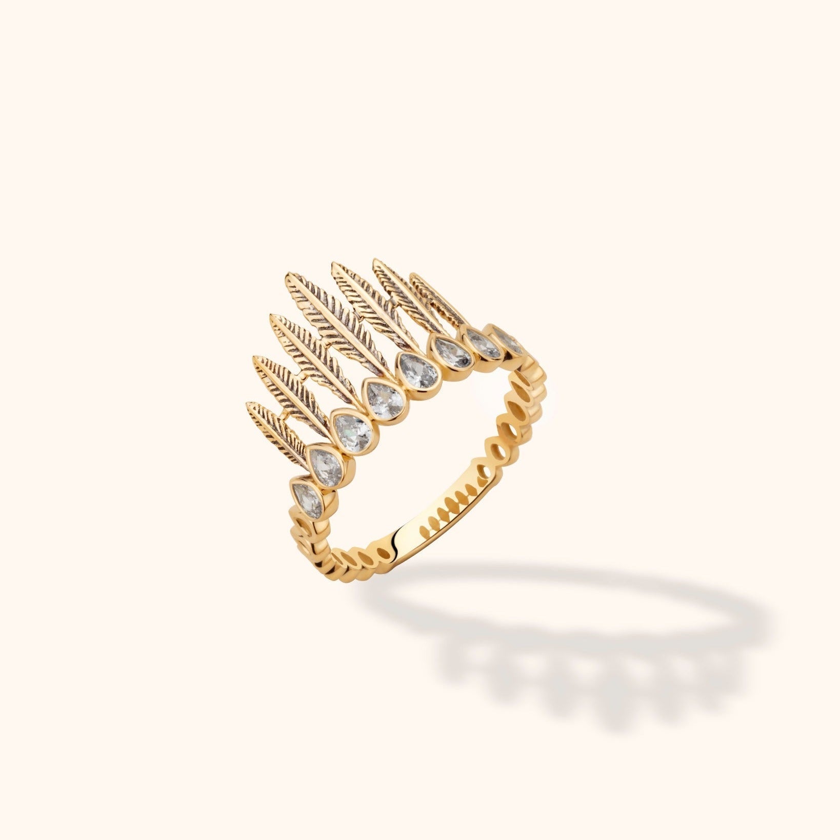14K Äkta Guld Bladring Dam med Stenar – Elegant Laurel & Tiara Guldring - Noxlookjewelry