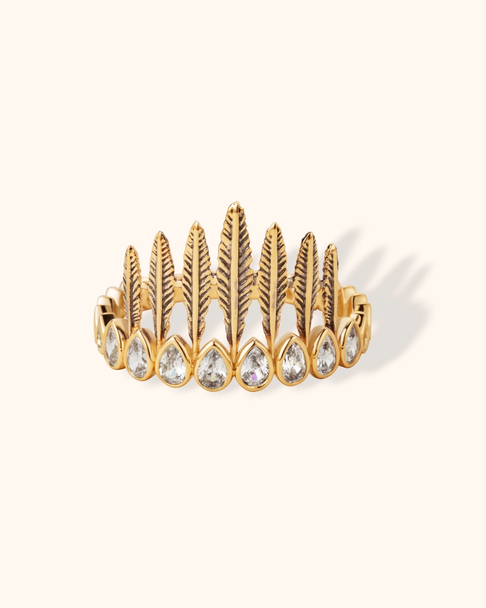 14K Äkta Guld Bladring Dam med Stenar – Elegant Laurel & Tiara Guldring - Noxlookjewelry