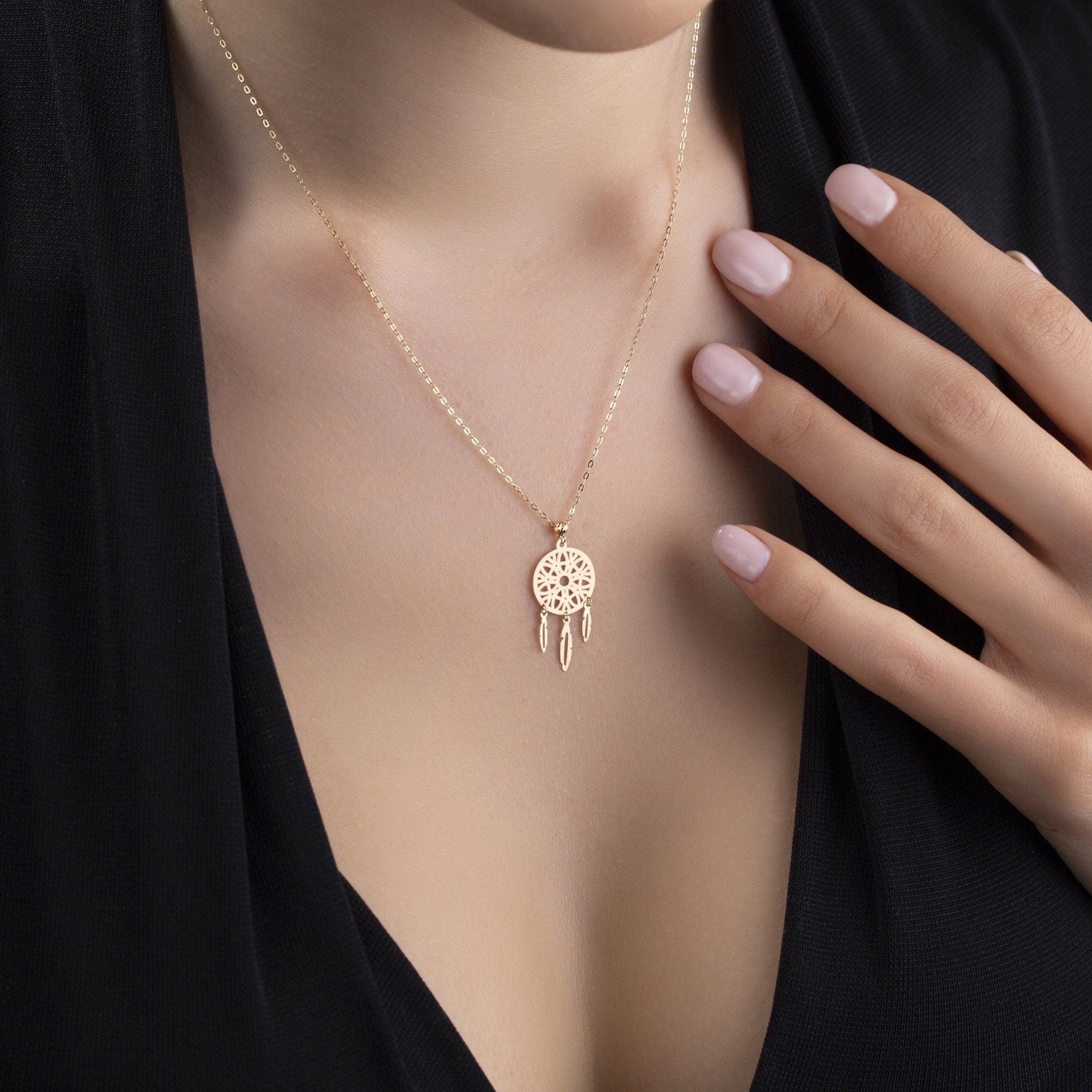 14K Äkta Guld Drömfångare Halsband Dam – Elegant Dreamcatcher Smycke i 585 Guld - Noxlookjewelry