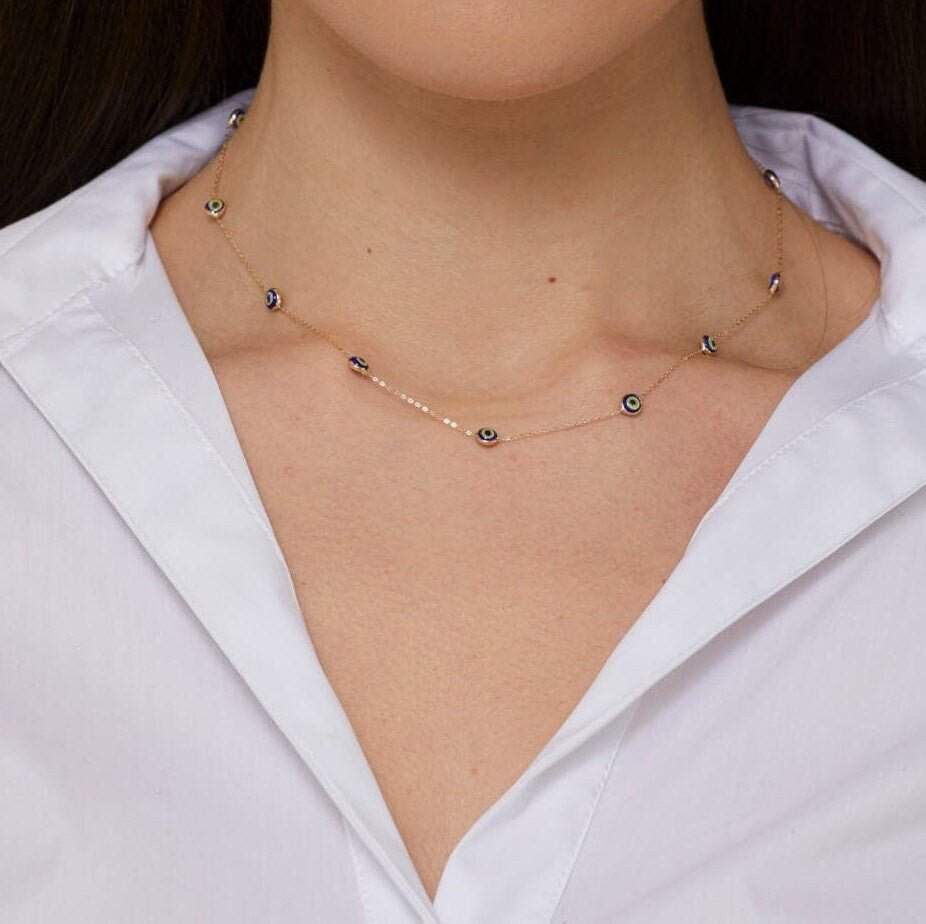 14K Äkta Guld Evil Eye Halsband Dam – Minimalistiskt Guldhalsband med Blå Ögon - Noxlookjewelry