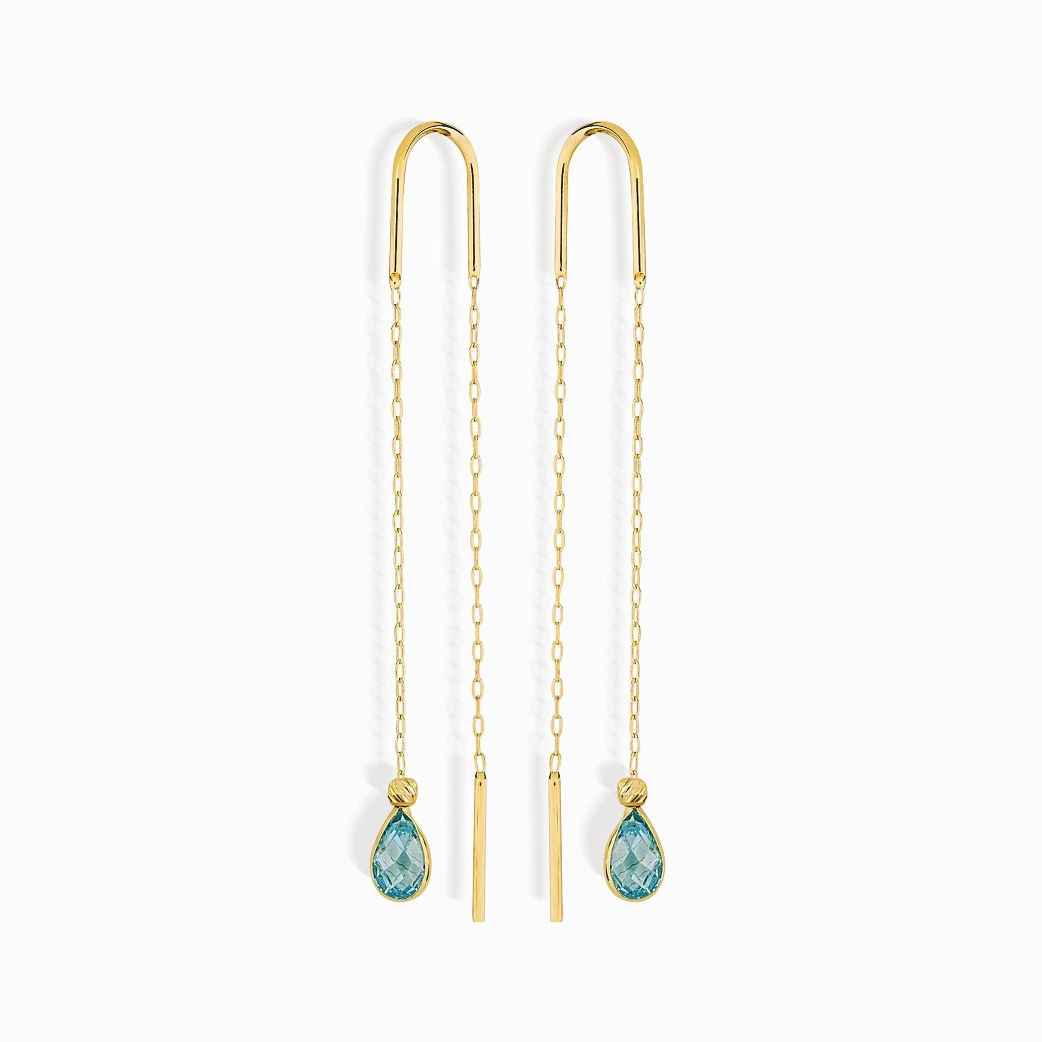 14K Äkta Guld Hängande Örhängen – Kedjeörhängen med Blå Zirkon - Noxlookjewelry