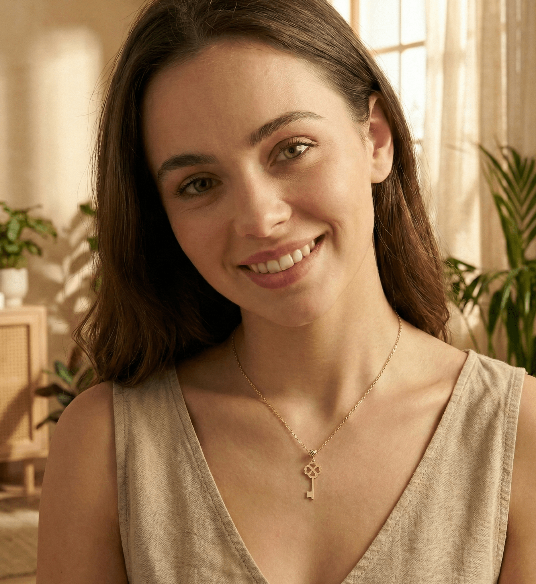 14K Äkta Guld Nyckel Halsband Dam – Fyrklöver Lycko Halsband i 585 Guld - Noxlookjewelry