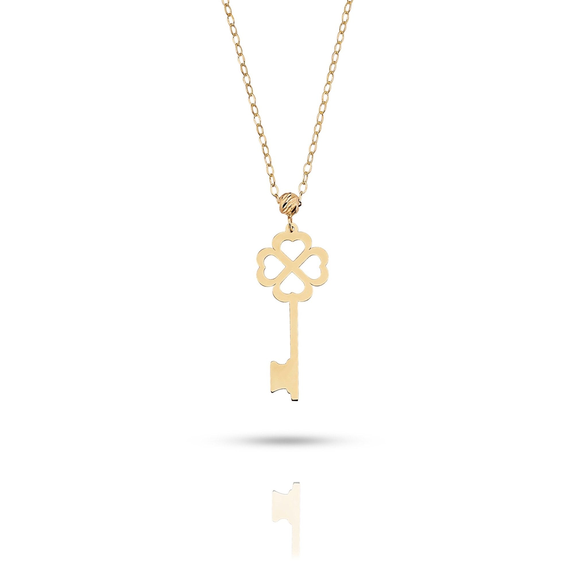 14K Äkta Guld Nyckel Halsband Dam – Fyrklöver Lycko Halsband i 585 Guld - Noxlookjewelry