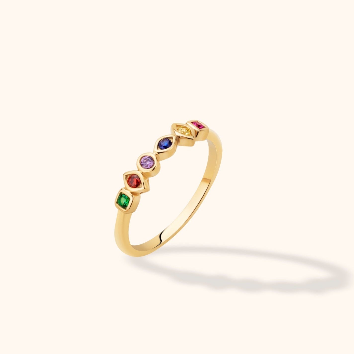 14K Äkta Guld Ring Dam med Färgade Stenar – Elegant Regnbågsring i Modern Design - Noxlookjewelry