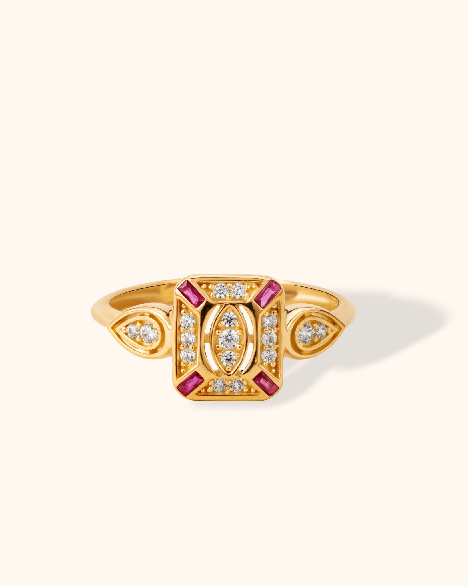 14K Guld Designring för Dam – Dekorativ Ring med Röda och Vita Stenar - Noxlookjewelry
