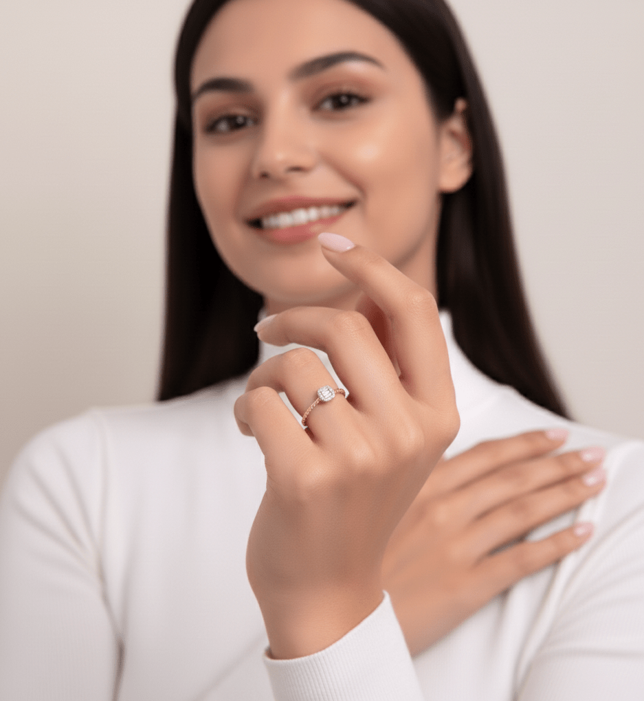 14K Guld Halo Ring med Baguette Stenar – Elegant Tunn Rope Band Ring - Noxlookjewelry