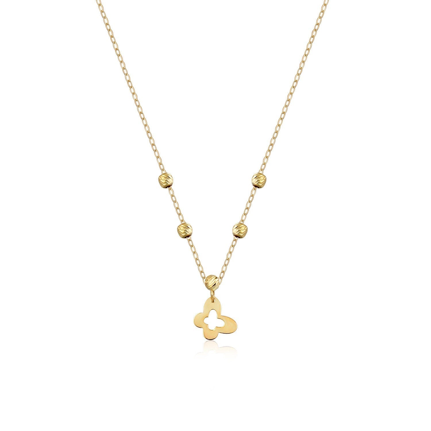 14K Guld Halsband med Fyrklöver Berlock och Guld pärlor - Elegant Minimalistiskt Lyckosmycke - Noxlookjewelry