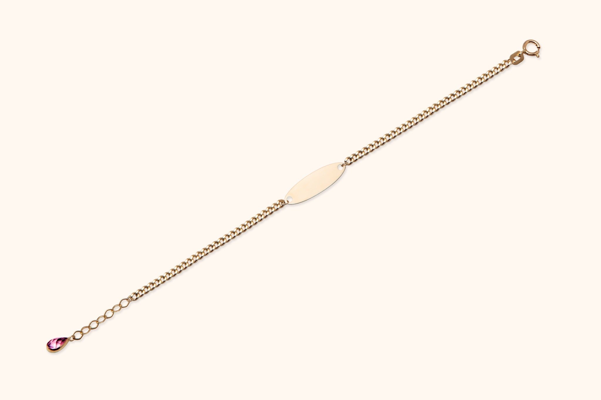 14K Guld ID - Armband för Baby med Personlig Gravyrplatta - Elegant Dopgåva Smycke med Rosa Sten - Noxlookjewelry