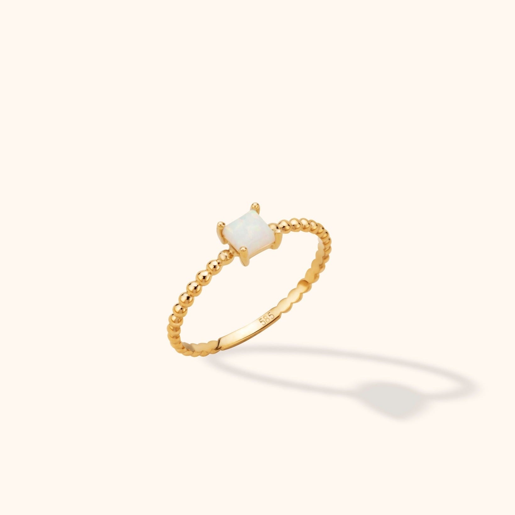 14K Guld Opal Ring Dam – Fyrkantig Opal med Pärlad Guldring - Noxlookjewelry