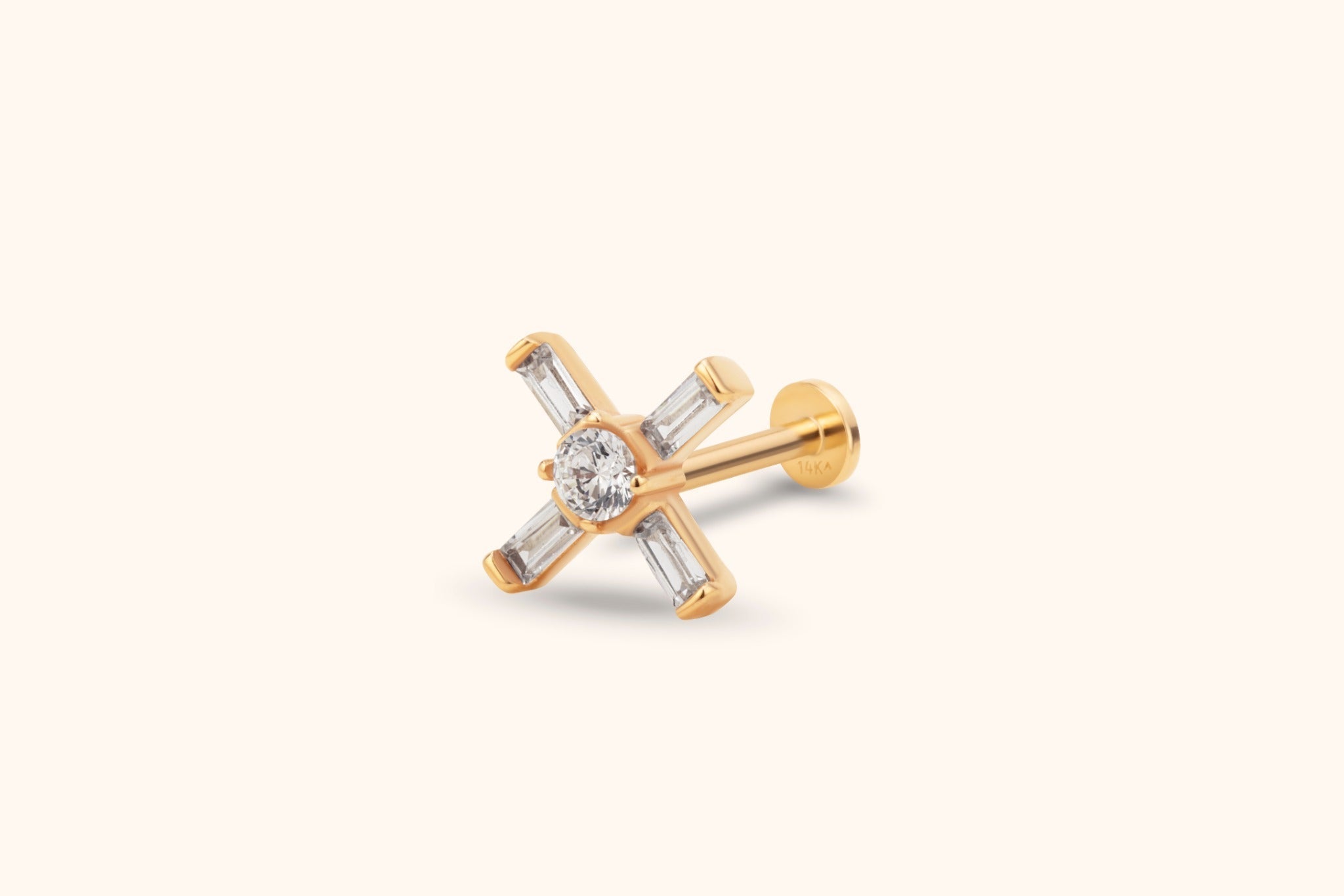 14K Guld Piercing Med Geometriskt Baguettekluster I Elegant Korsliknande Design - Noxlookjewelry