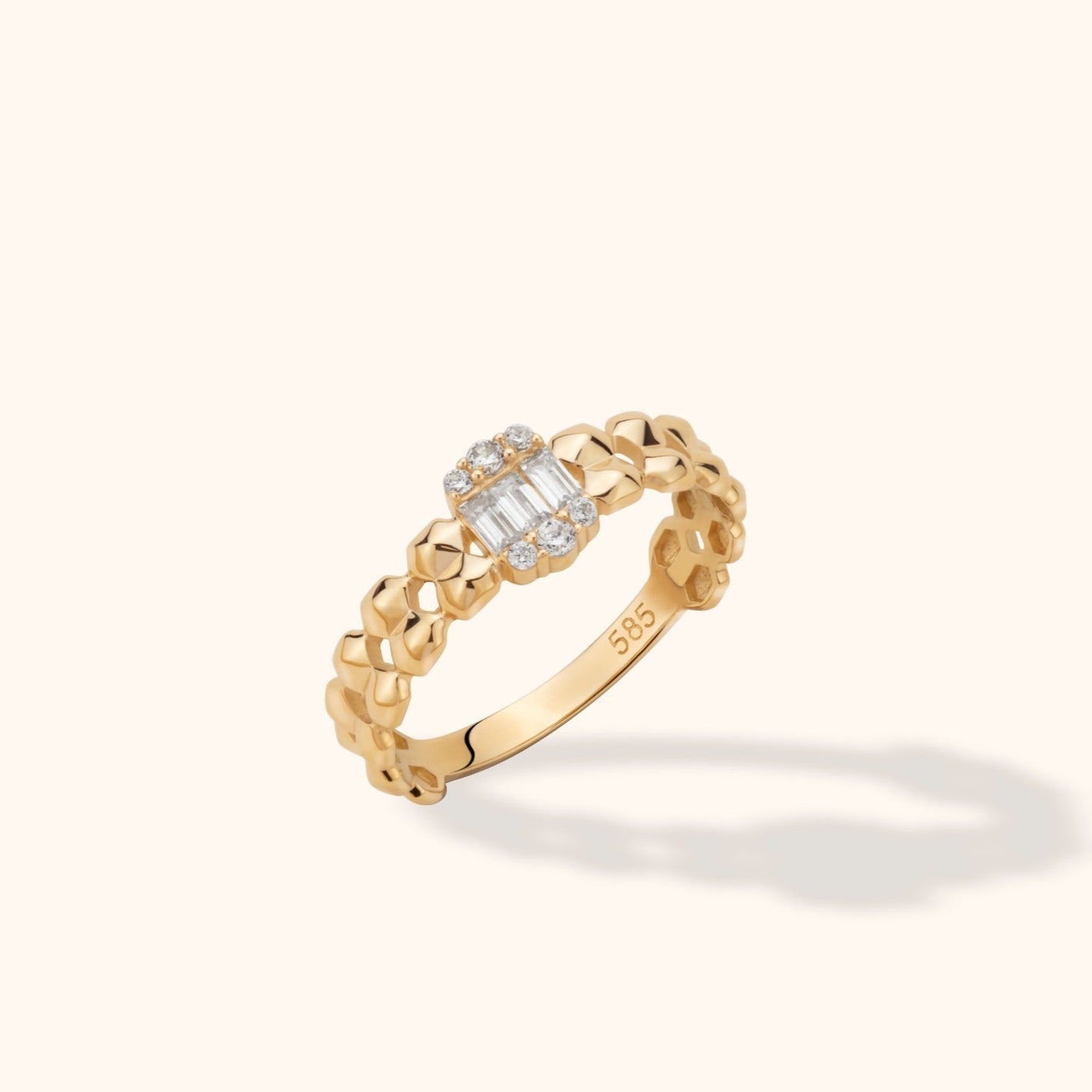 14K Guld Ring Dam med Baguette Sten – Elegant Kedjedesign Guldring - Noxlookjewelry