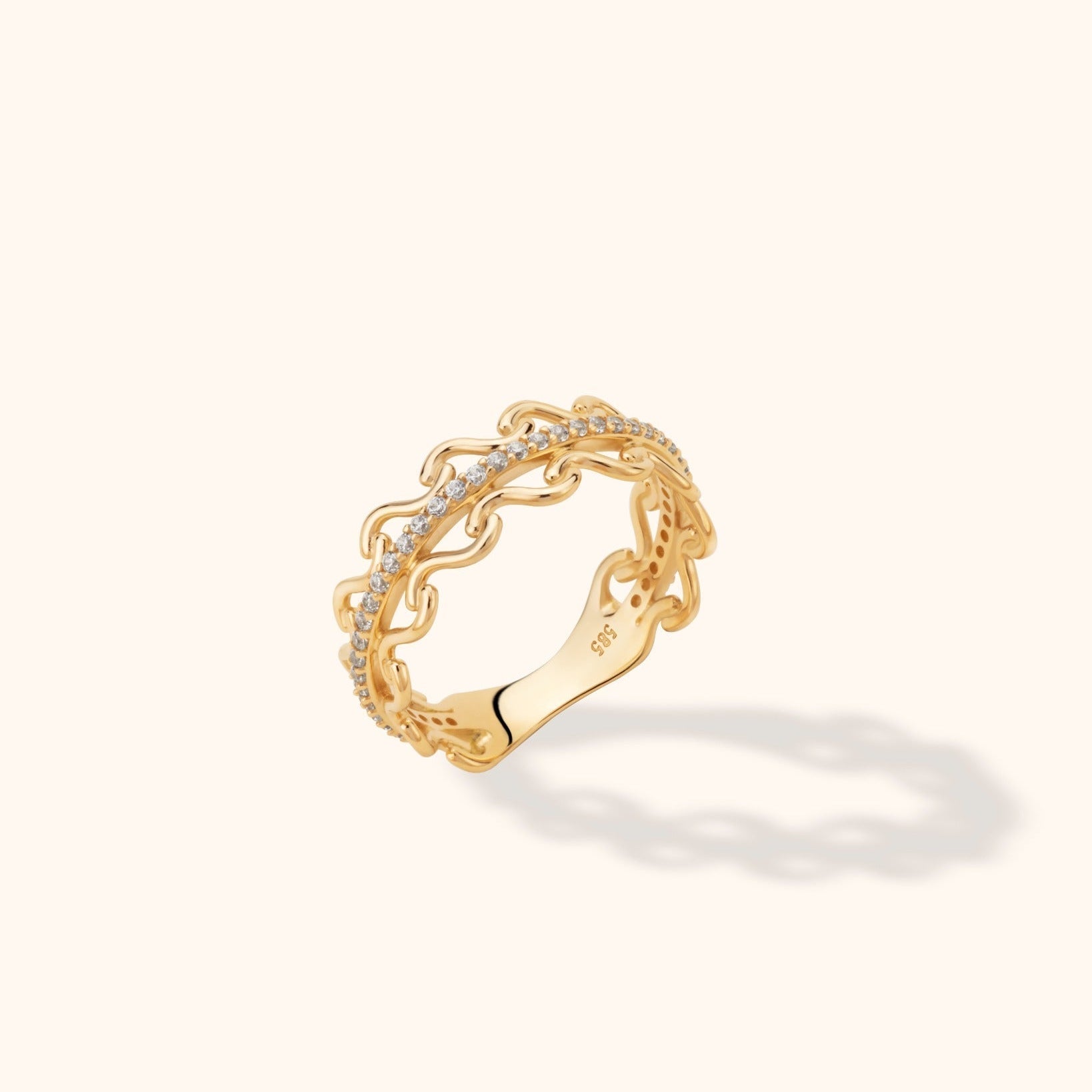 14K Guld Ring Dam med Stenar – Elegant Vågig Kedjedesign Guldring - Noxlookjewelry