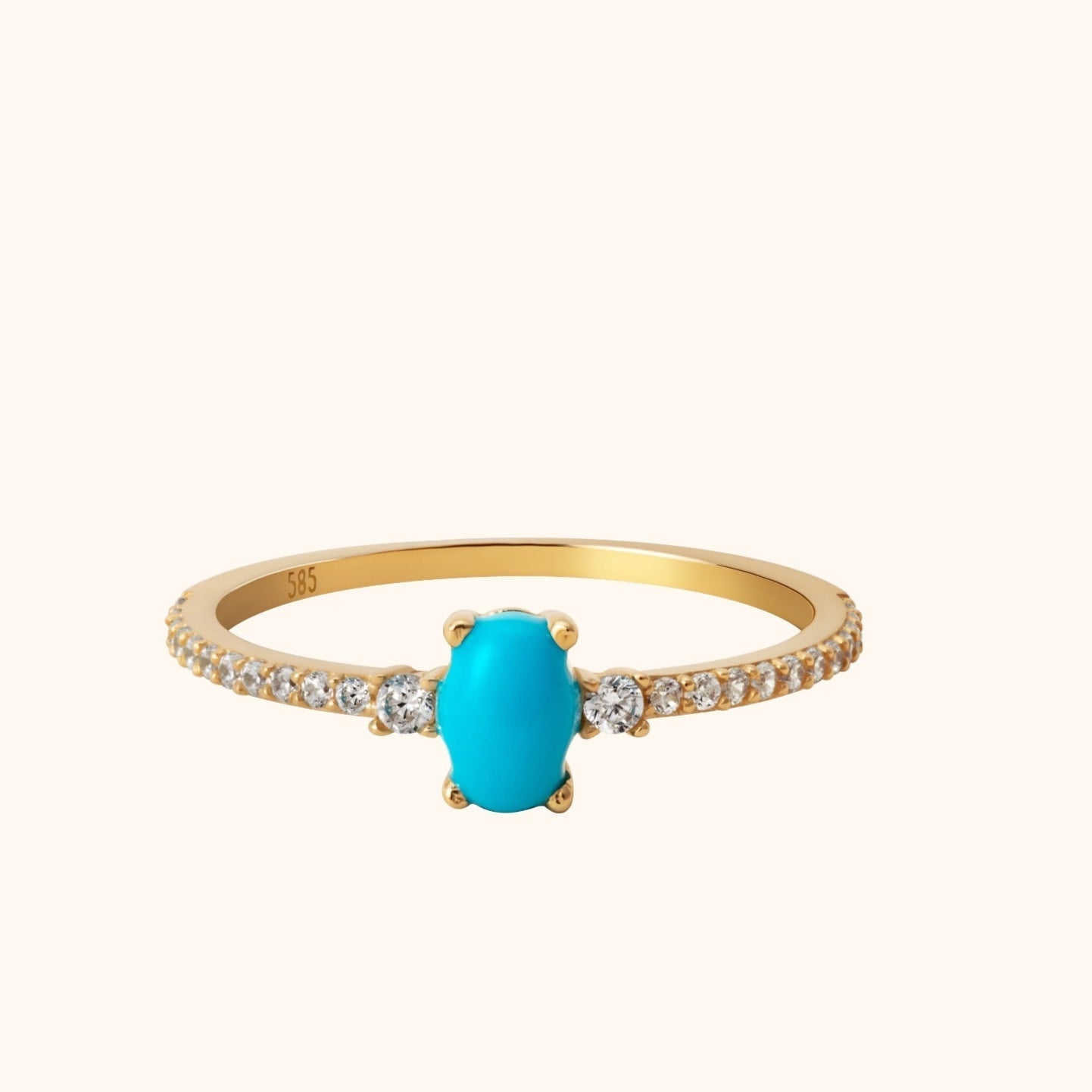 14K Guld Ring Dam med Turkos Sten – Elegant Guldring med Pavé - Noxlookjewelry