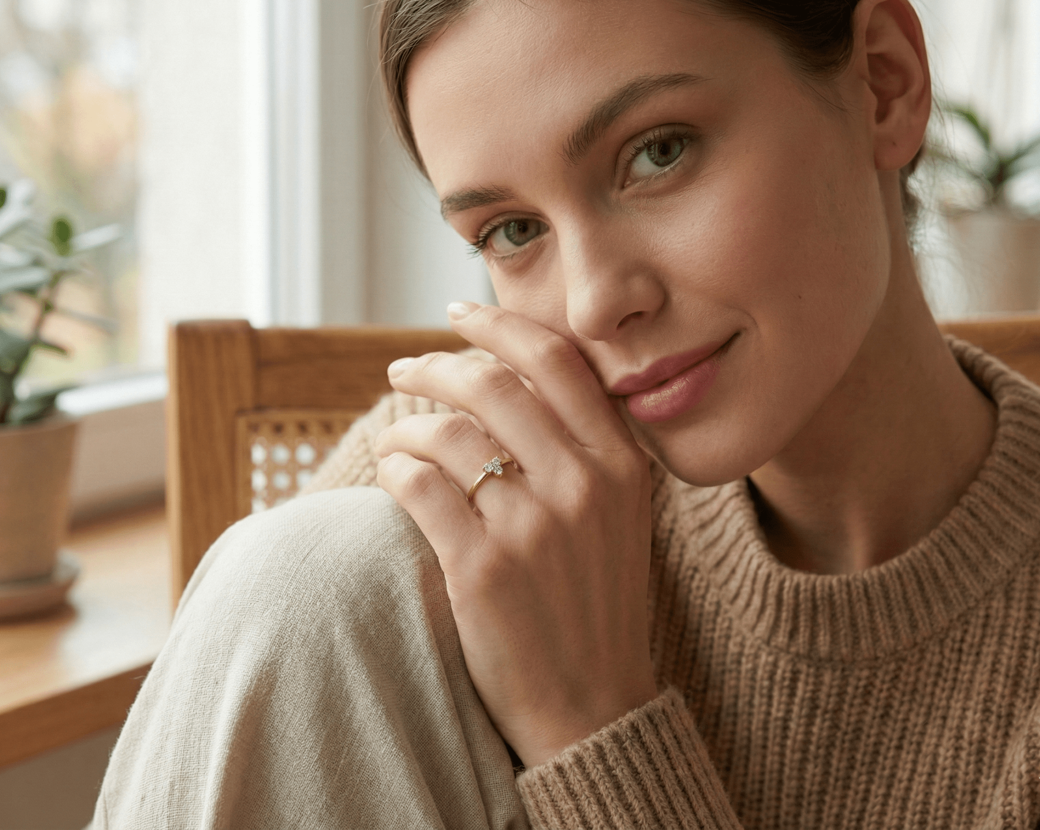 14K Guld Ring för Dam – Elegant Tunn Guldring med Tre Stenar i Delikat Klusterdesign - Noxlookjewelry