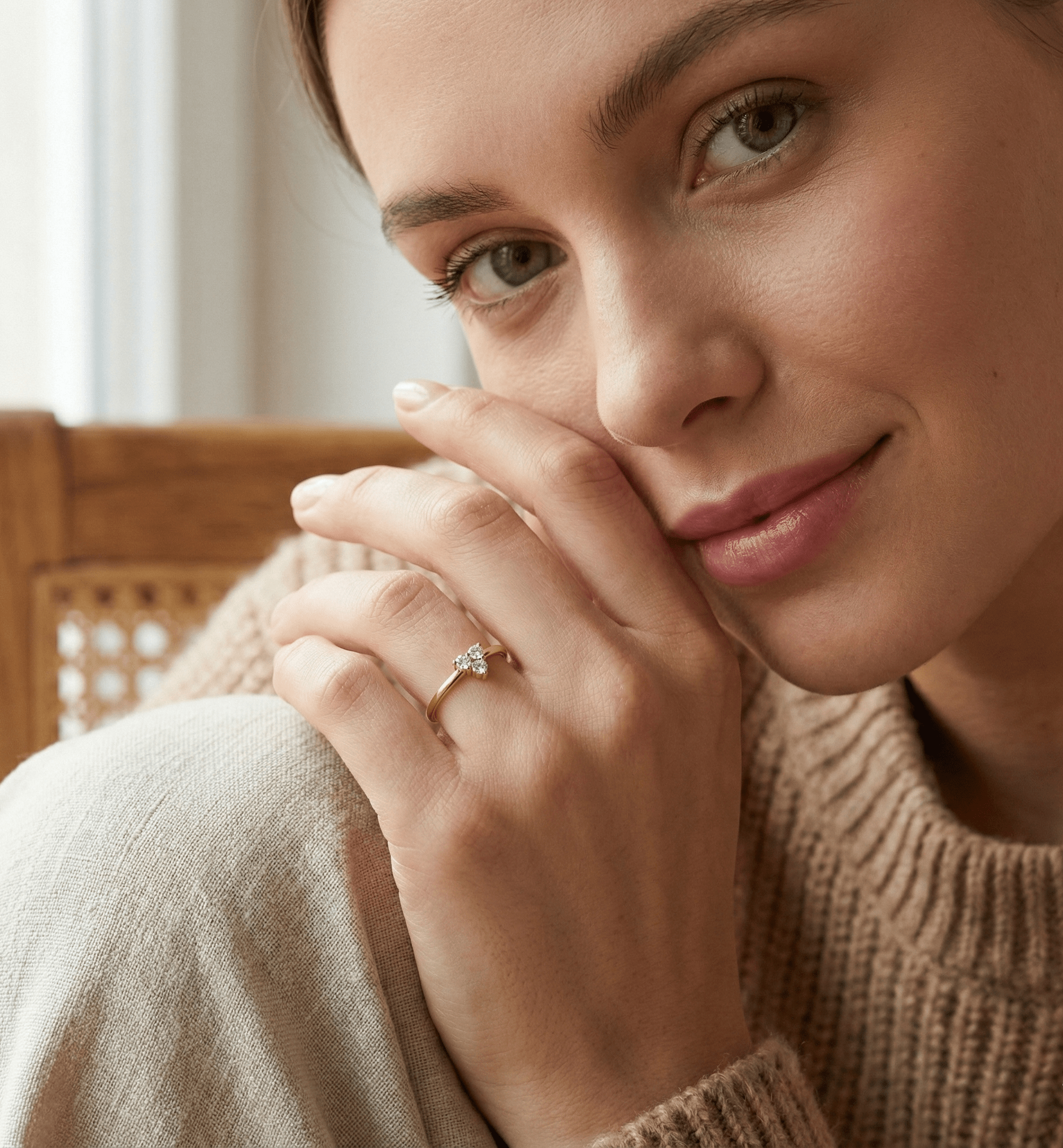 14K Guld Ring för Dam – Elegant Tunn Guldring med Tre Stenar i Delikat Klusterdesign - Noxlookjewelry