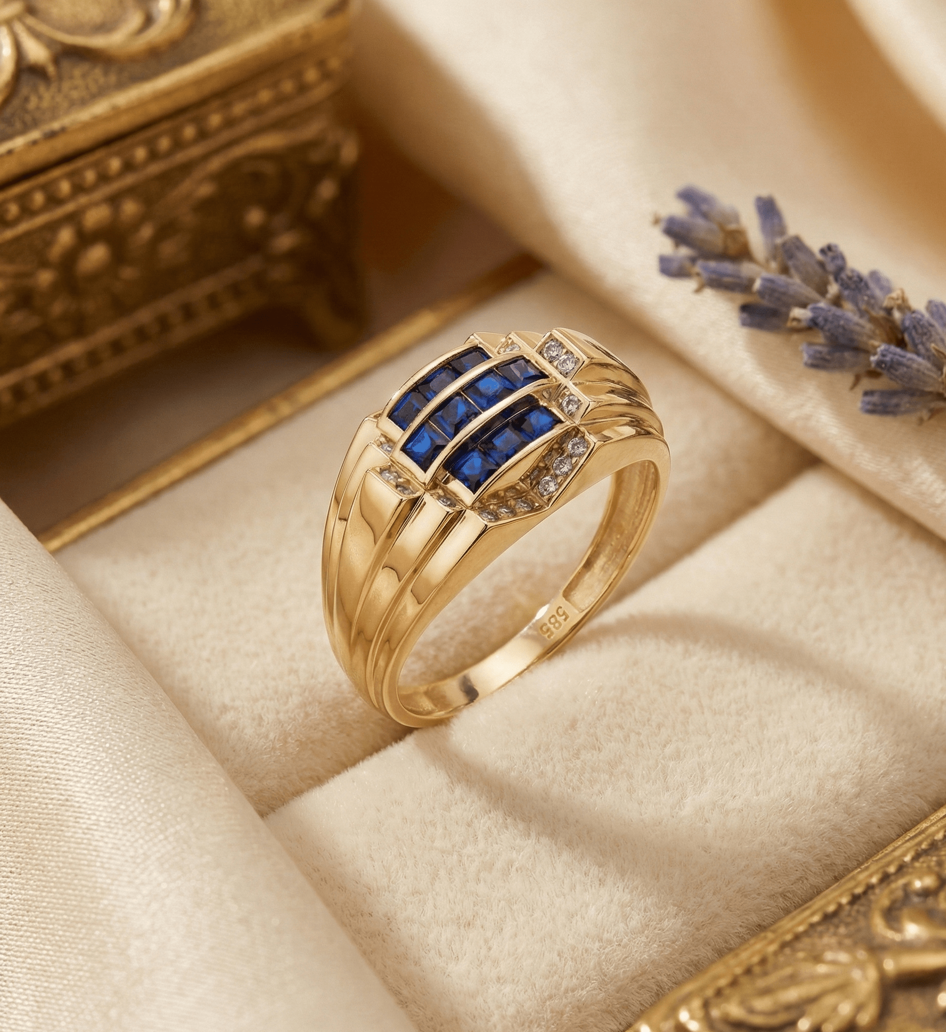 14K Guld Ring med Blå Stenar för Dam – Bred Designring med Gnistrande Detaljer - Noxlookjewelry