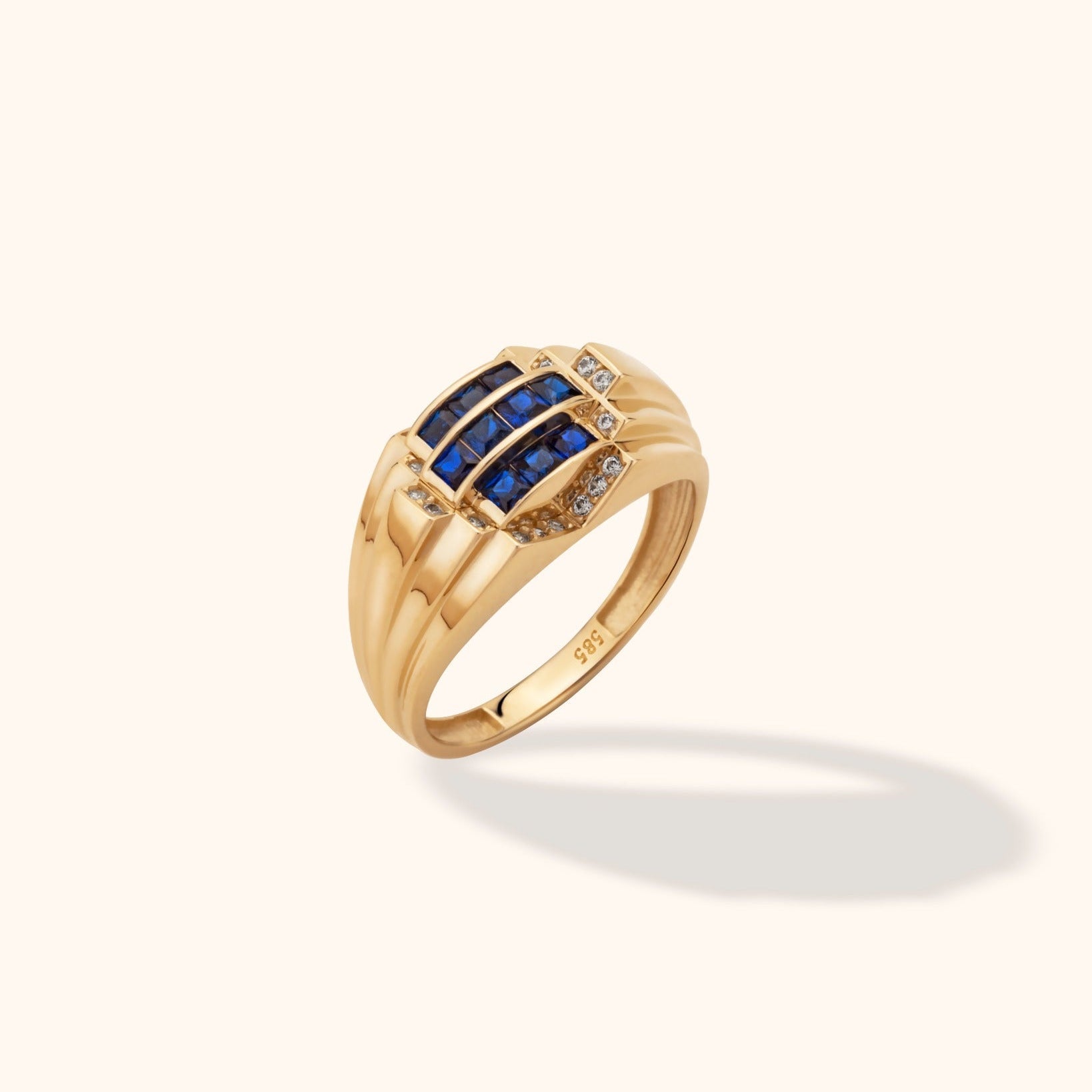 14K Guld Ring med Blå Stenar för Dam – Bred Designring med Gnistrande Detaljer - Noxlookjewelry