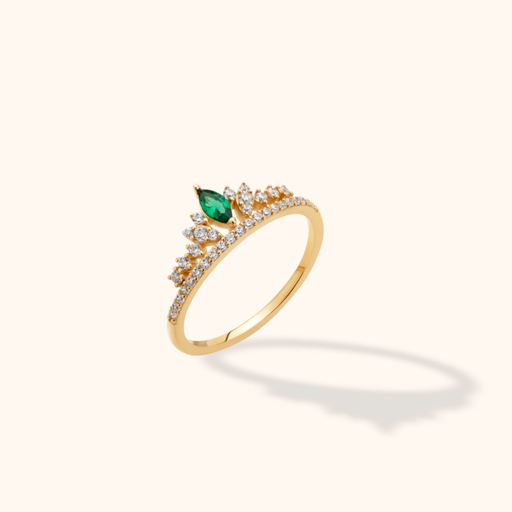 14K Guld Ring med Grön Sten för Dam – Elegant Tiararing med Gnistrande Stenar - Noxlookjewelry