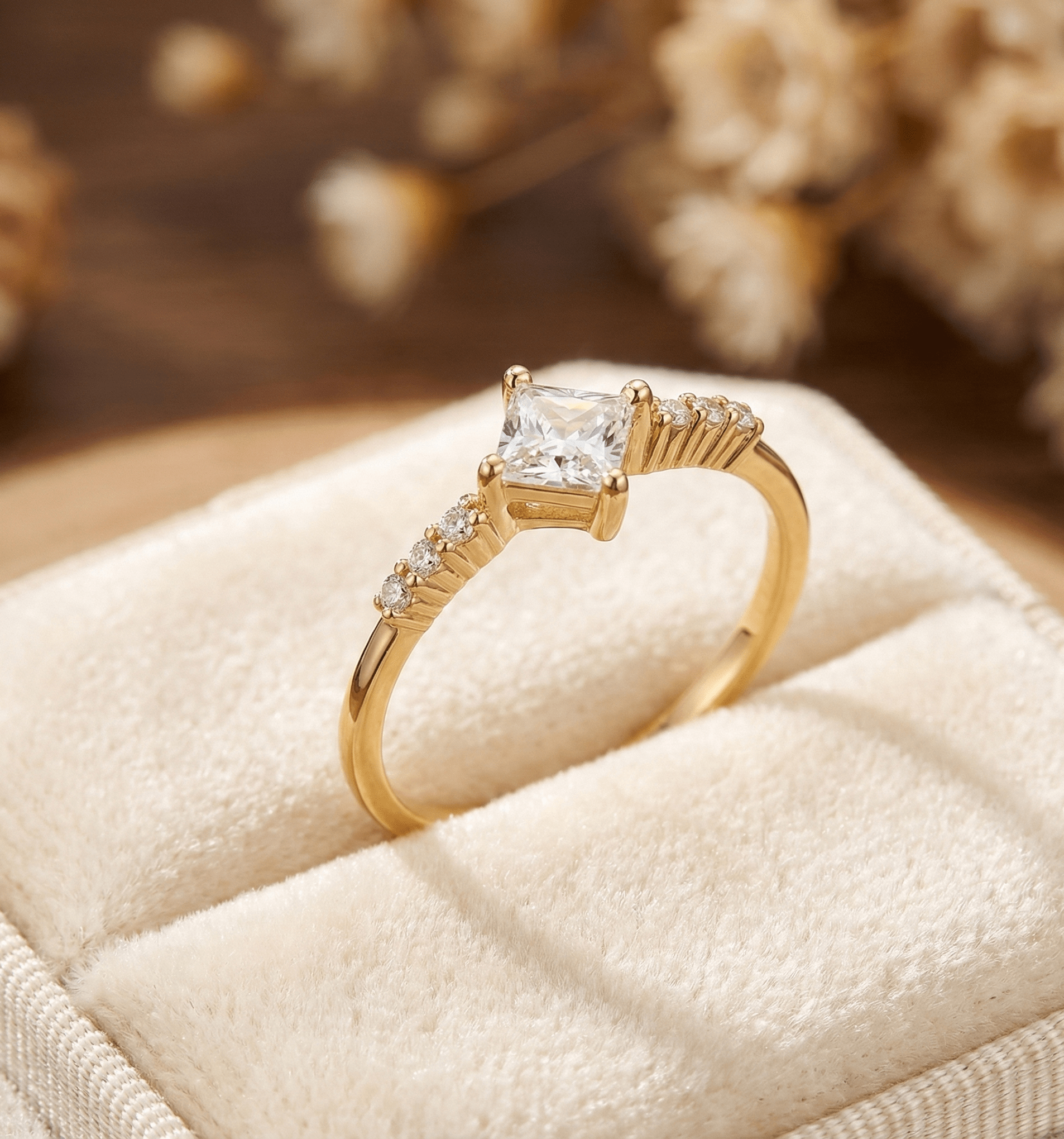 14K Guld Solitärring för Dam – Elegant Ring med Fyrkantig Mittsten - Noxlookjewelry