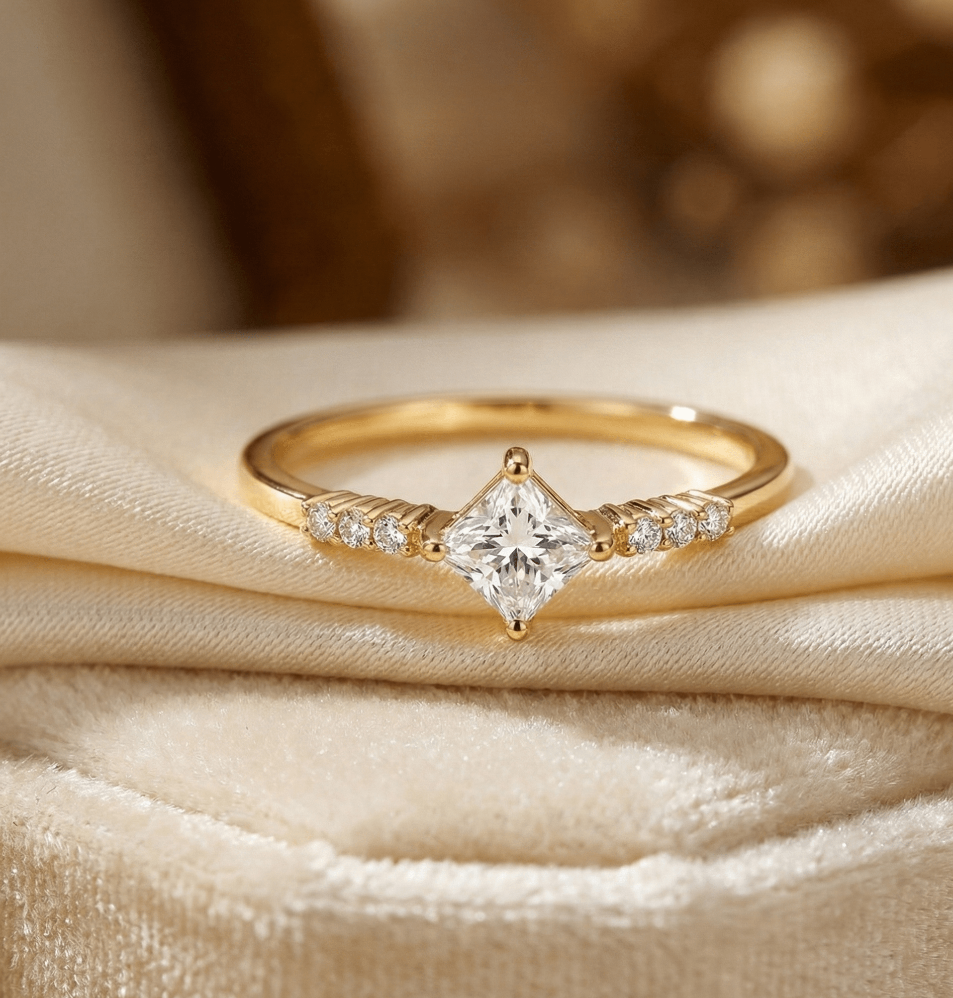 14K Guld Solitärring för Dam – Elegant Ring med Fyrkantig Mittsten - Noxlookjewelry