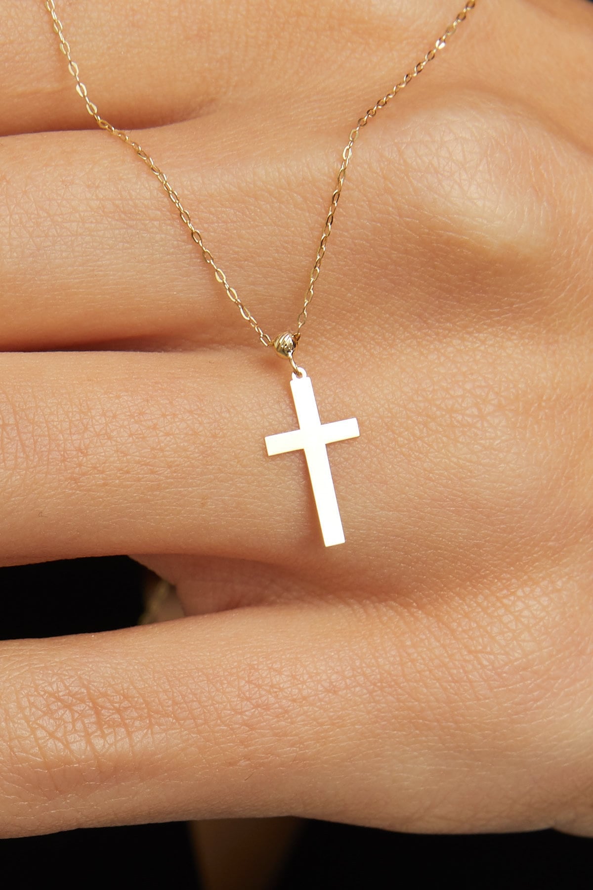 14K Guldhalsband Dam Med Kors I Äkta Guld Minimalistiskt Kors Halsband - Noxlookjewelry