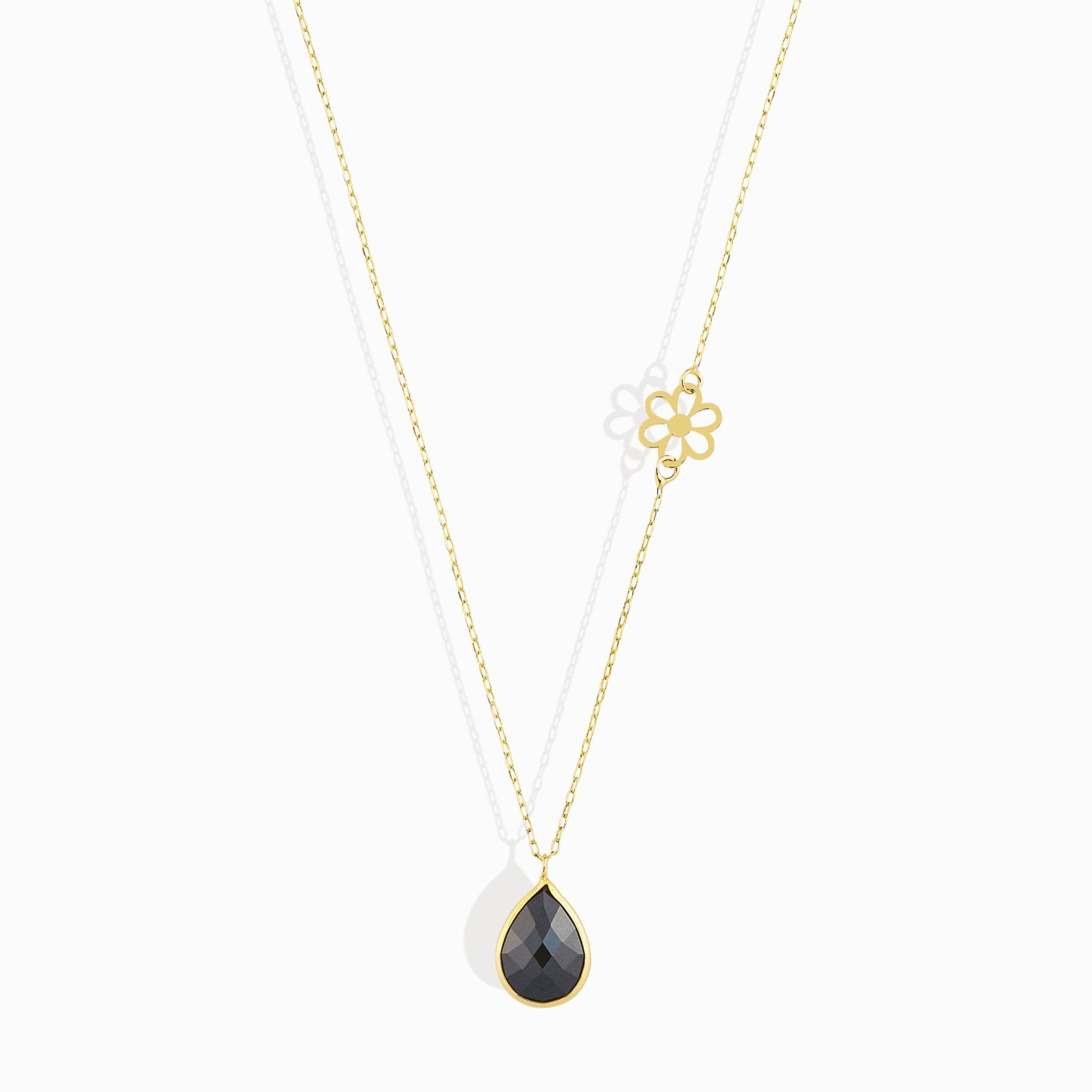14K Guldhalsband Dam Med Svart Sten Droppe Och Blomma I Äkta Guld Elegant Halsband Med Sten - Noxlookjewelry