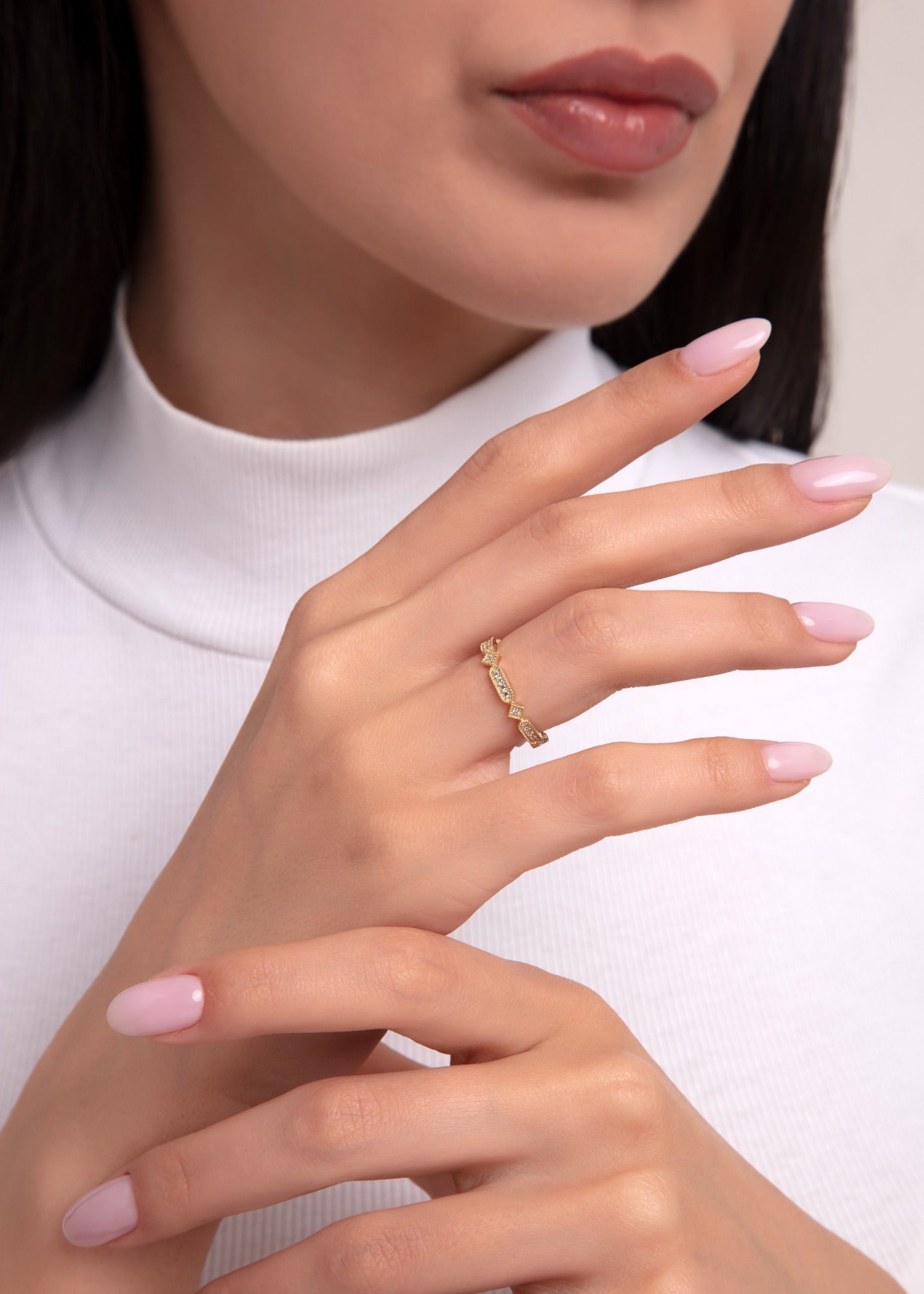 14K Guldring Dam – Art Deco Pavé Band i Äkta Guld - Noxlookjewelry