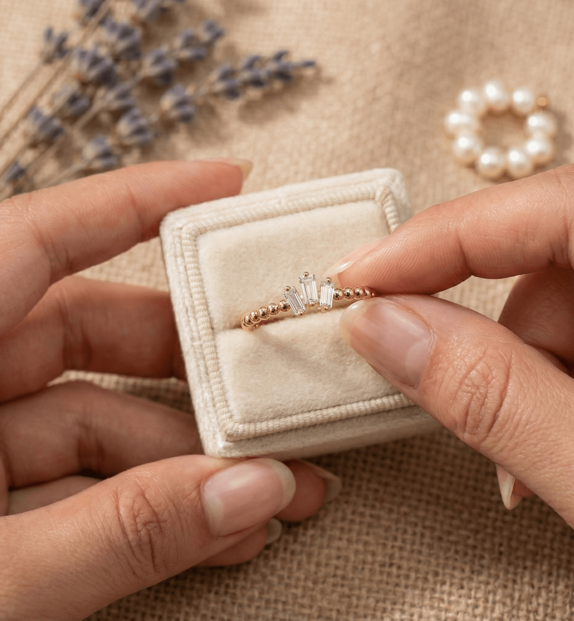 14K Guldring Dam – Elegant Tunn Guldring med Tre Baguetteslipade Stenar och Kulformad Design - Noxlookjewelry