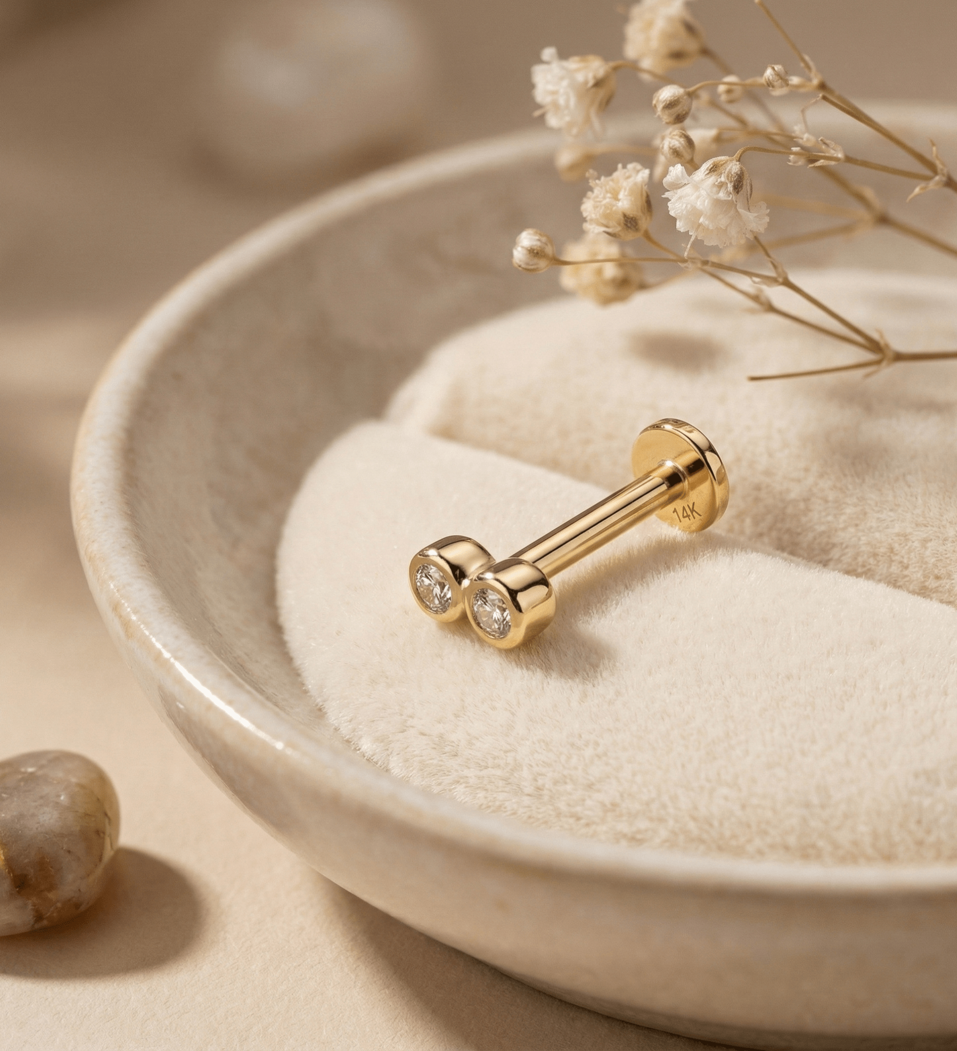 14K Tragus Örhänge Double Bezel Stud I Äkta Guld Minimal Cartilage - Noxlookjewelry