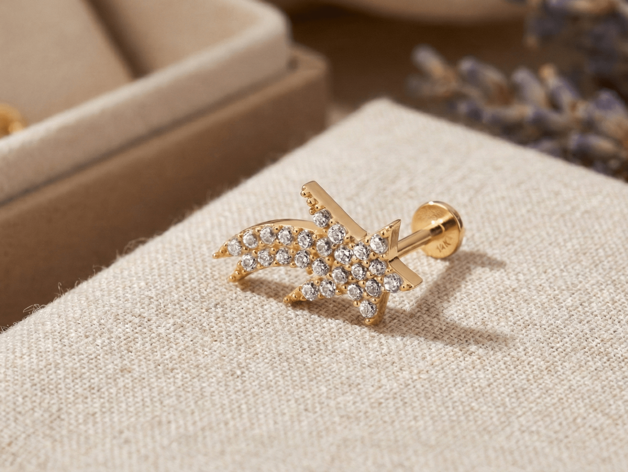 14K Tragusörhänge Stjärna I Äkta Guld Pavé Broskörhänge - Noxlookjewelry