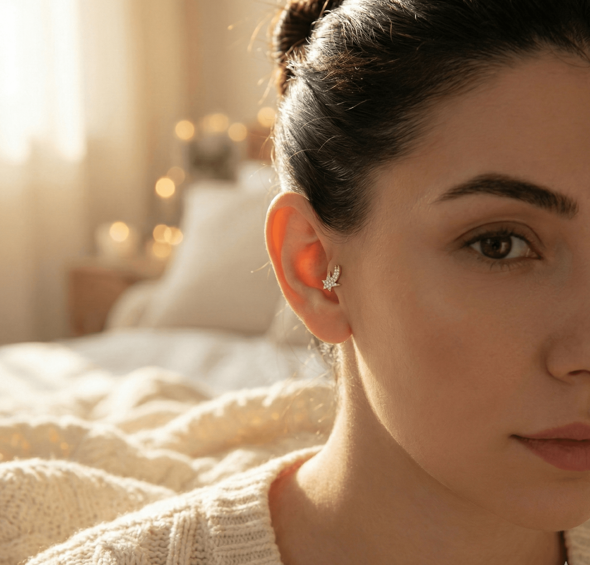 14K Tragusörhänge Stjärna I Äkta Guld Pavé Broskörhänge - Noxlookjewelry